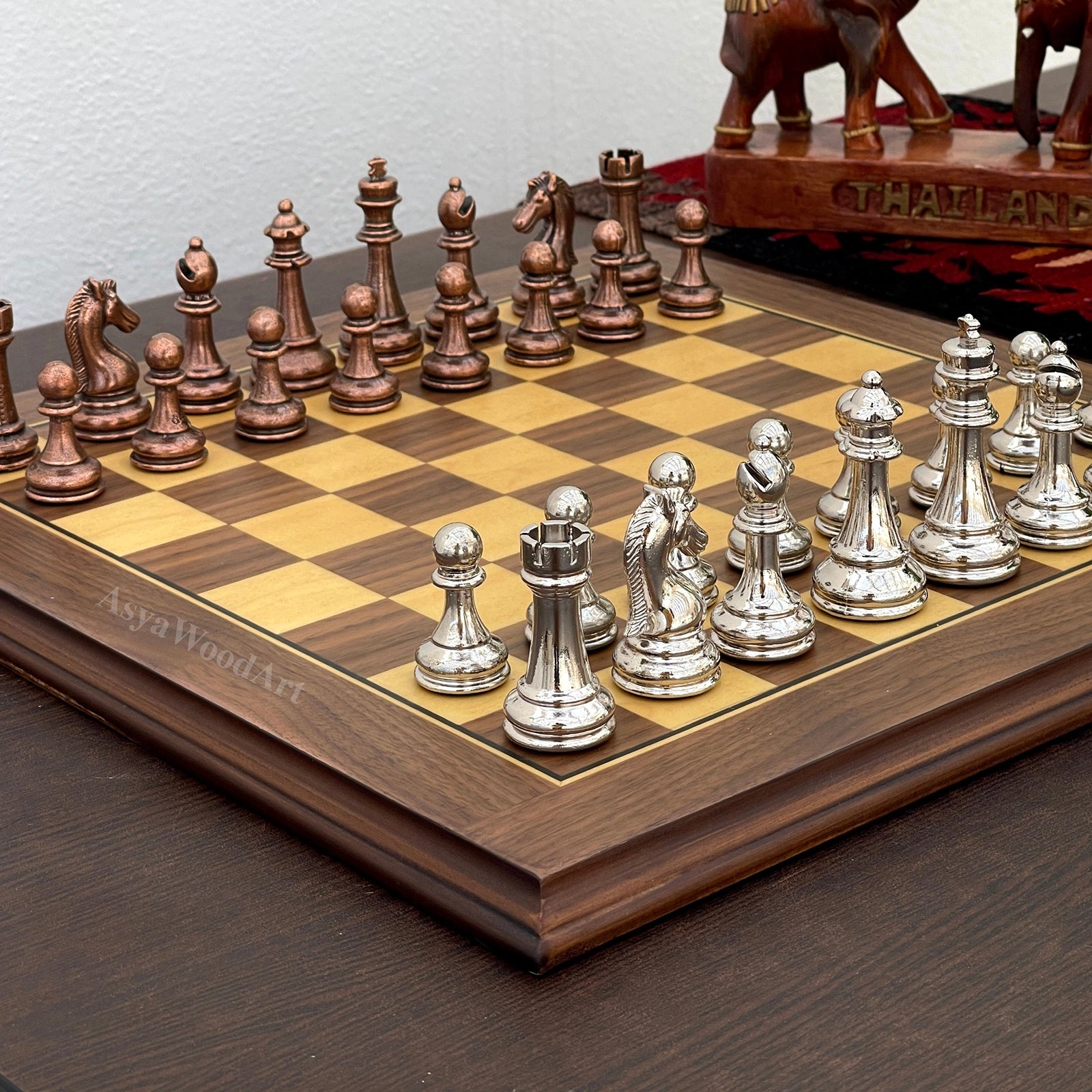 American Walnut Solid Wooden Chess Set with Metal Chess Pieces