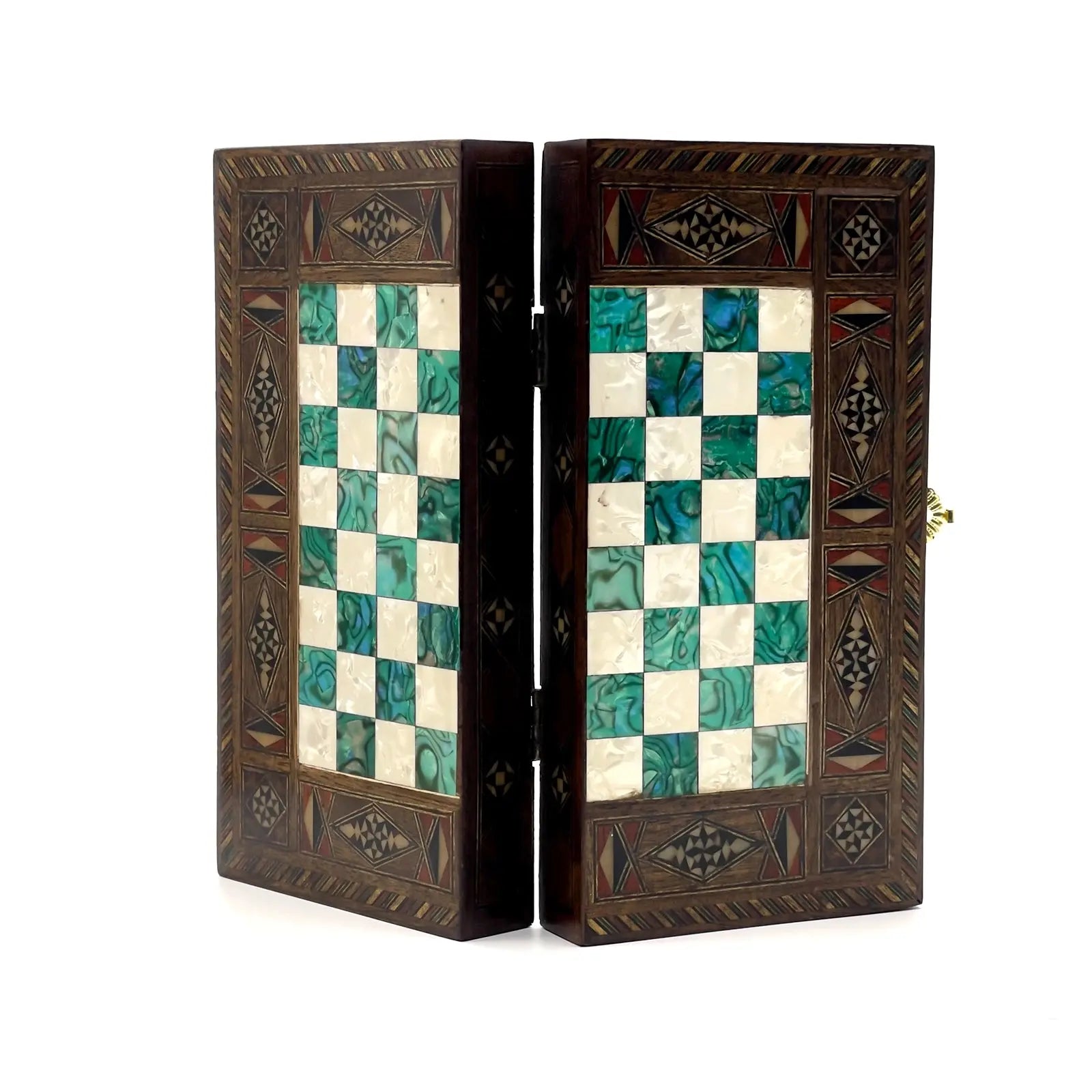 8.9" Turquoise Small Folding Wooden Chess Set And Backgammon Set