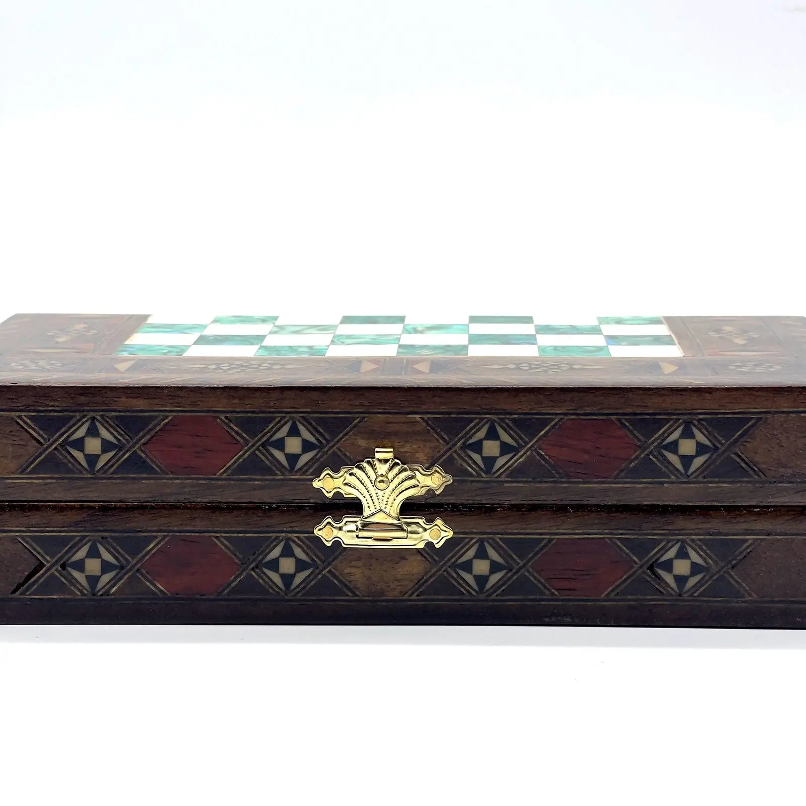 8.9" Turquoise Small Folding Wooden Chess Set And Backgammon Set