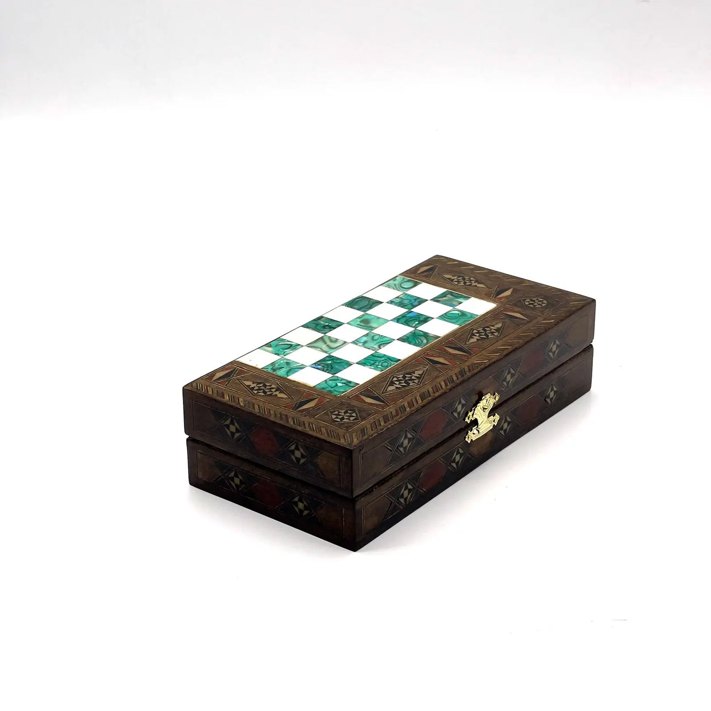 8.9" Turquoise Small Folding Wooden Chess Set And Backgammon Set