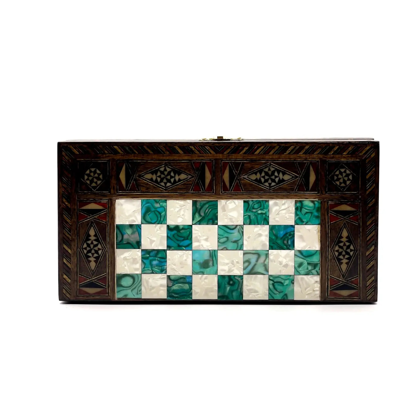 8.9" Turquoise Small Folding Wooden Chess Set And Backgammon Set