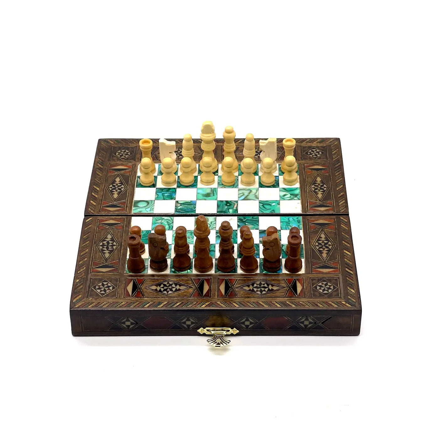 8.9" Turquoise Small Folding Wooden Chess Set And Backgammon Set