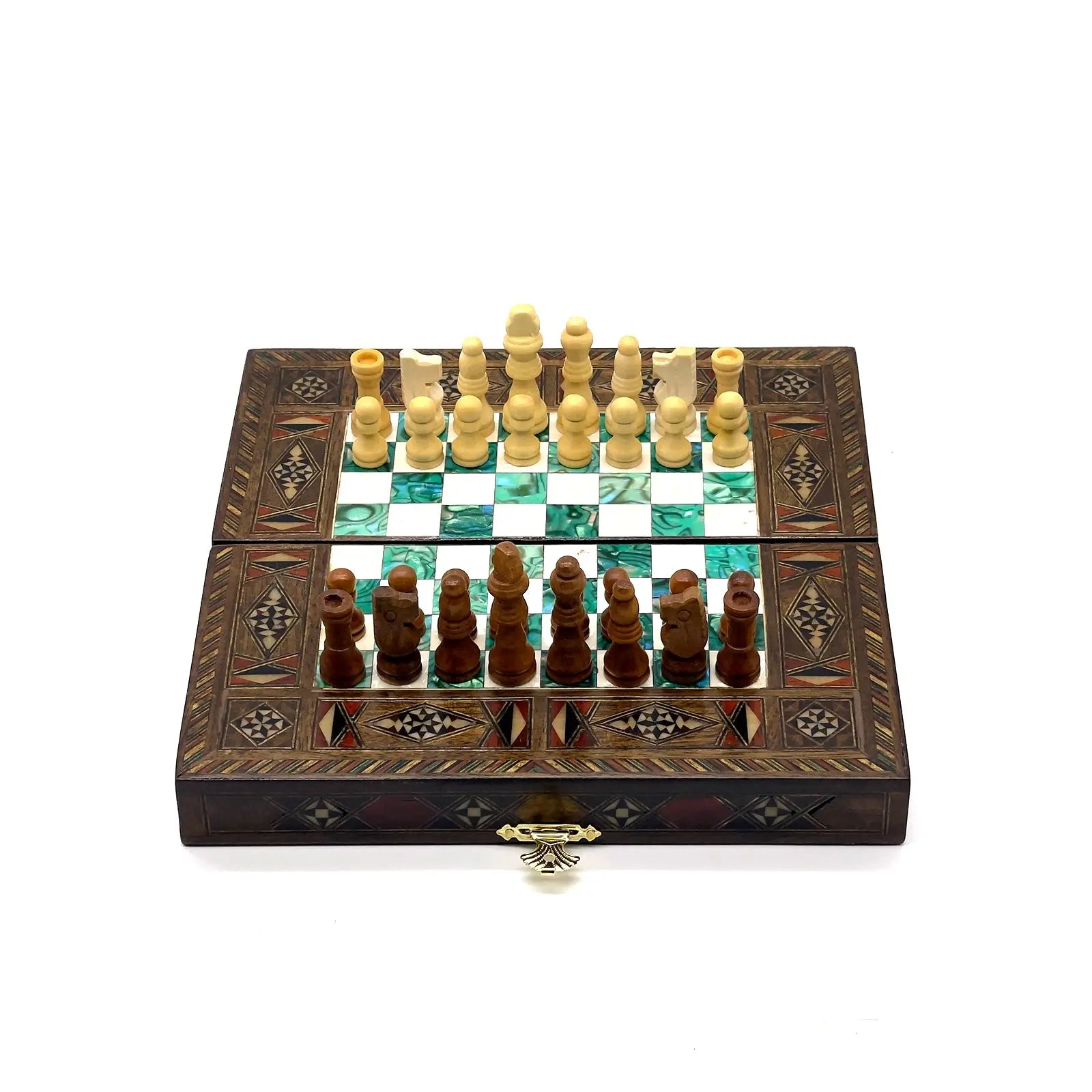 8.9" Turquoise Small Folding Wooden Chess Set And Backgammon Set
