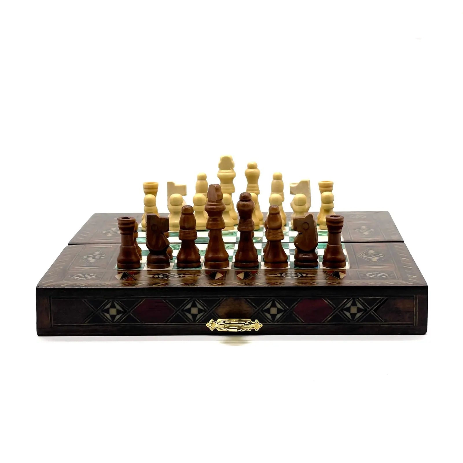 8.9" Turquoise Small Folding Wooden Chess Set And Backgammon Set