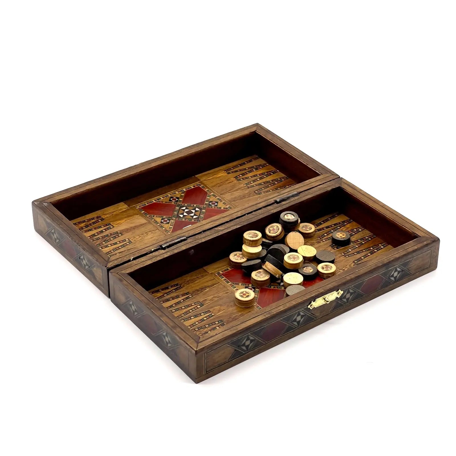 8.9" Walnut Small Folding Wooden Chess Set and Backgammon Set