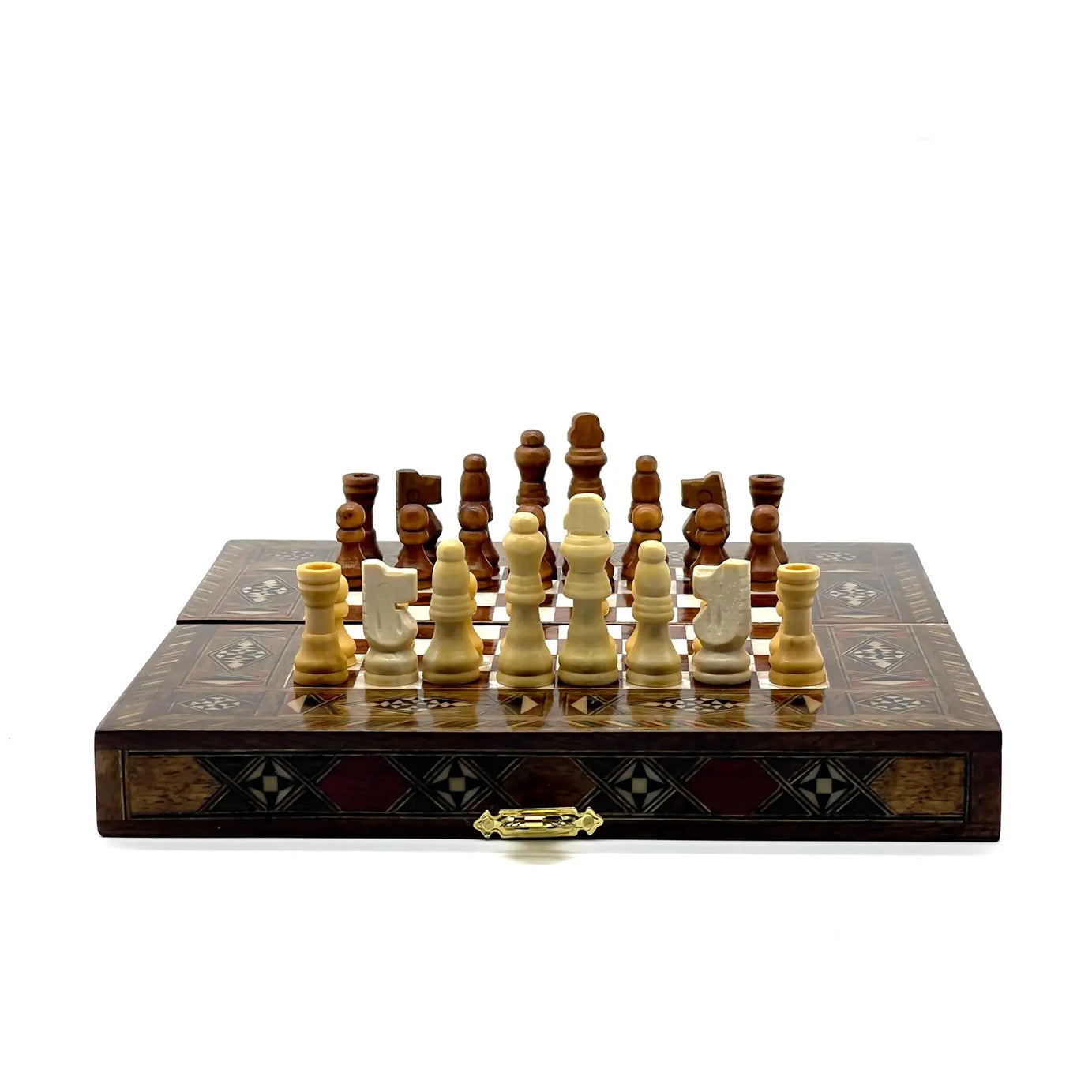 8.9" Walnut Small Folding Wooden Chess Set and Backgammon Set