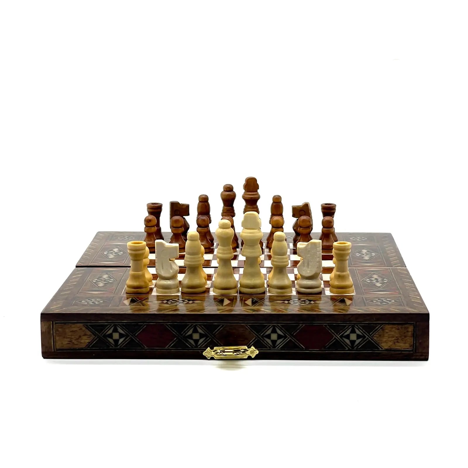 8.9" Walnut Small Folding Wooden Chess Set and Backgammon Set