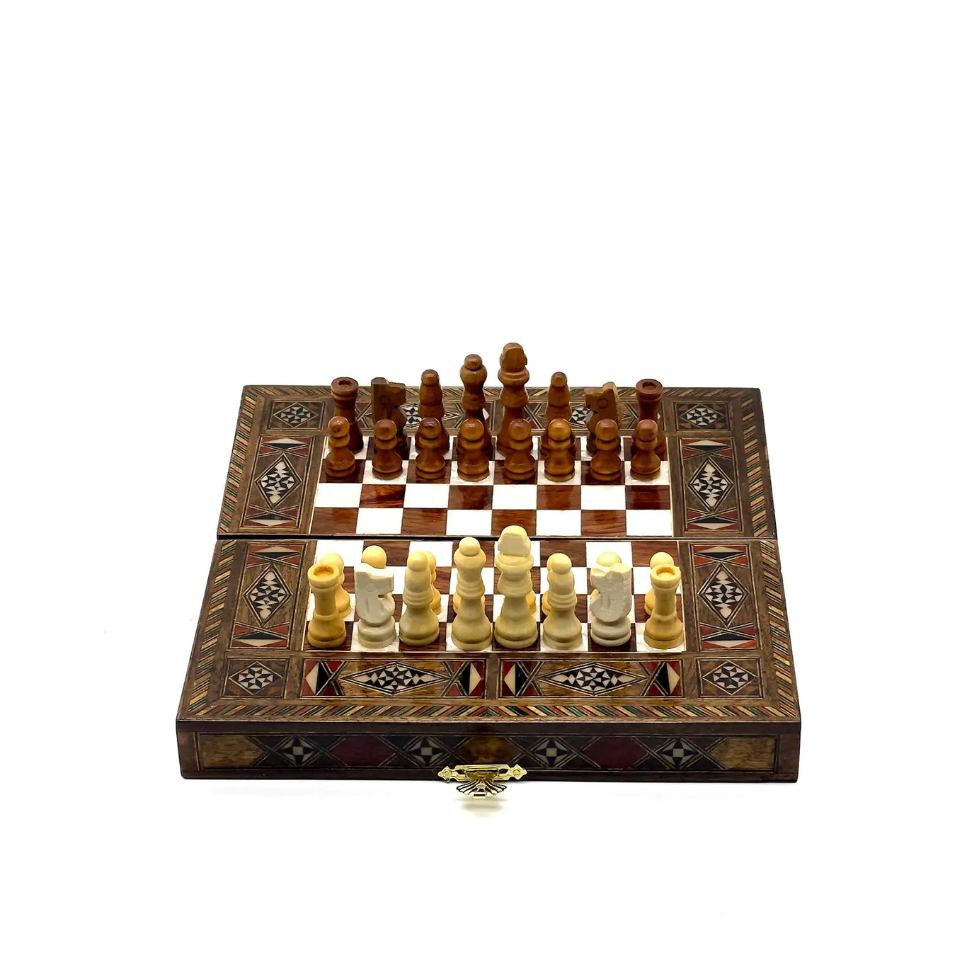 8.9" Walnut Small Folding Wooden Chess Set and Backgammon Set