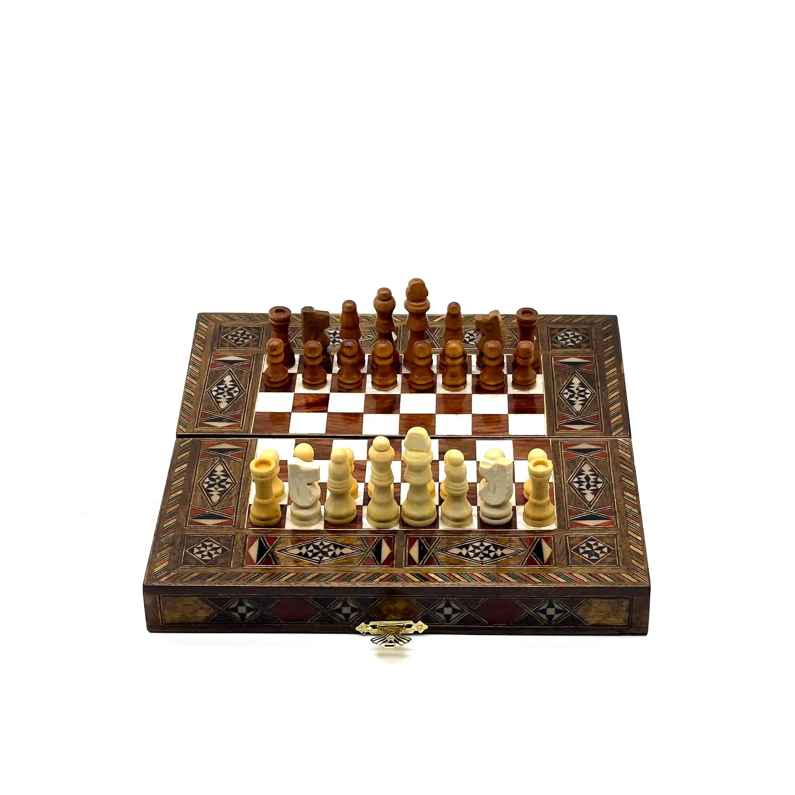 8.9" Walnut Small Folding Wooden Chess Set and Backgammon Set