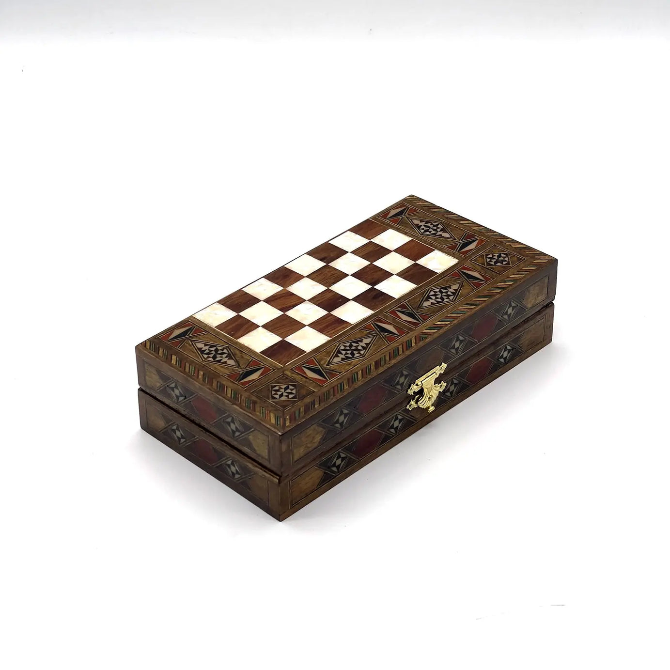 8.9" Walnut Small Folding Wooden Chess Set and Backgammon Set
