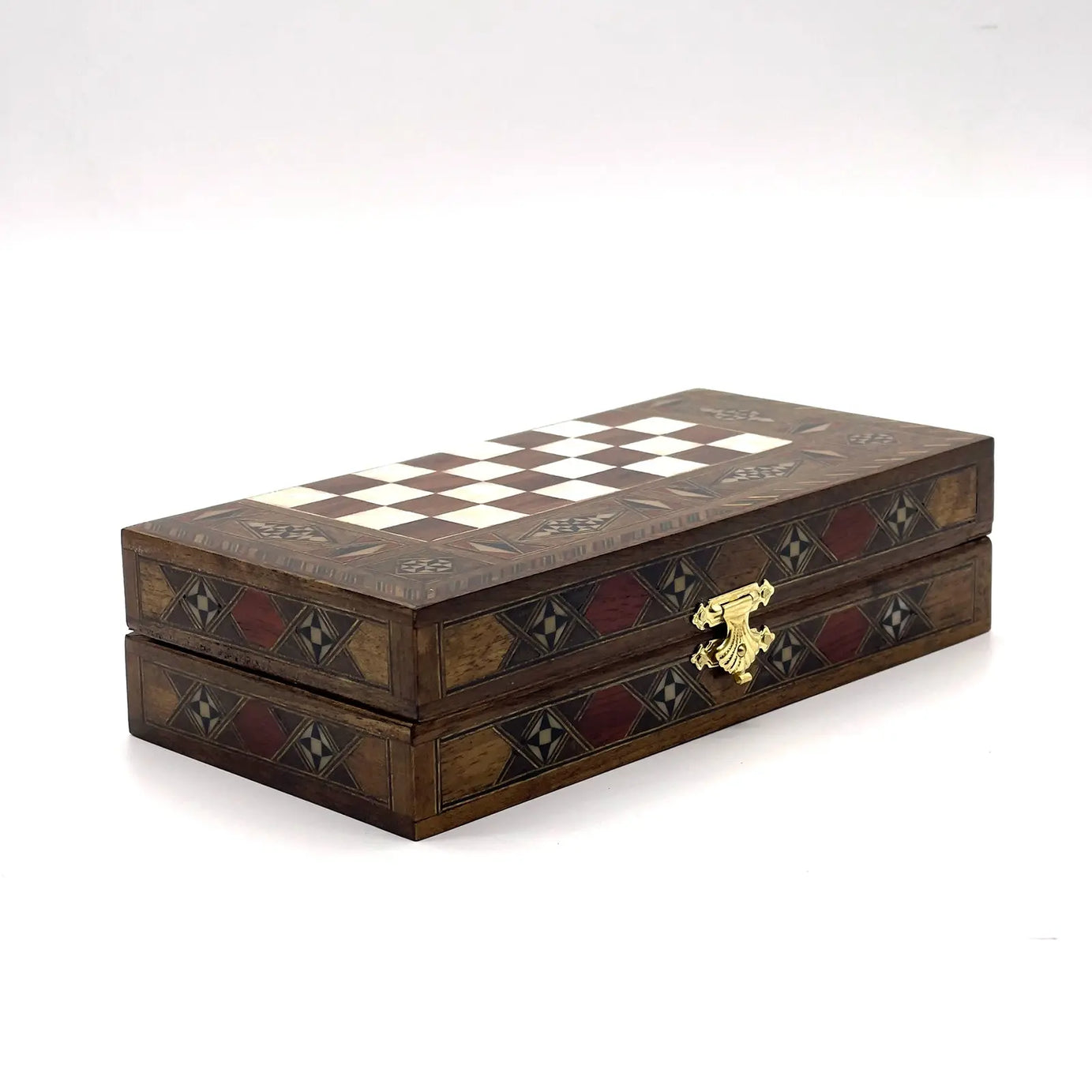 8.9" Walnut Small Folding Wooden Chess Set and Backgammon Set