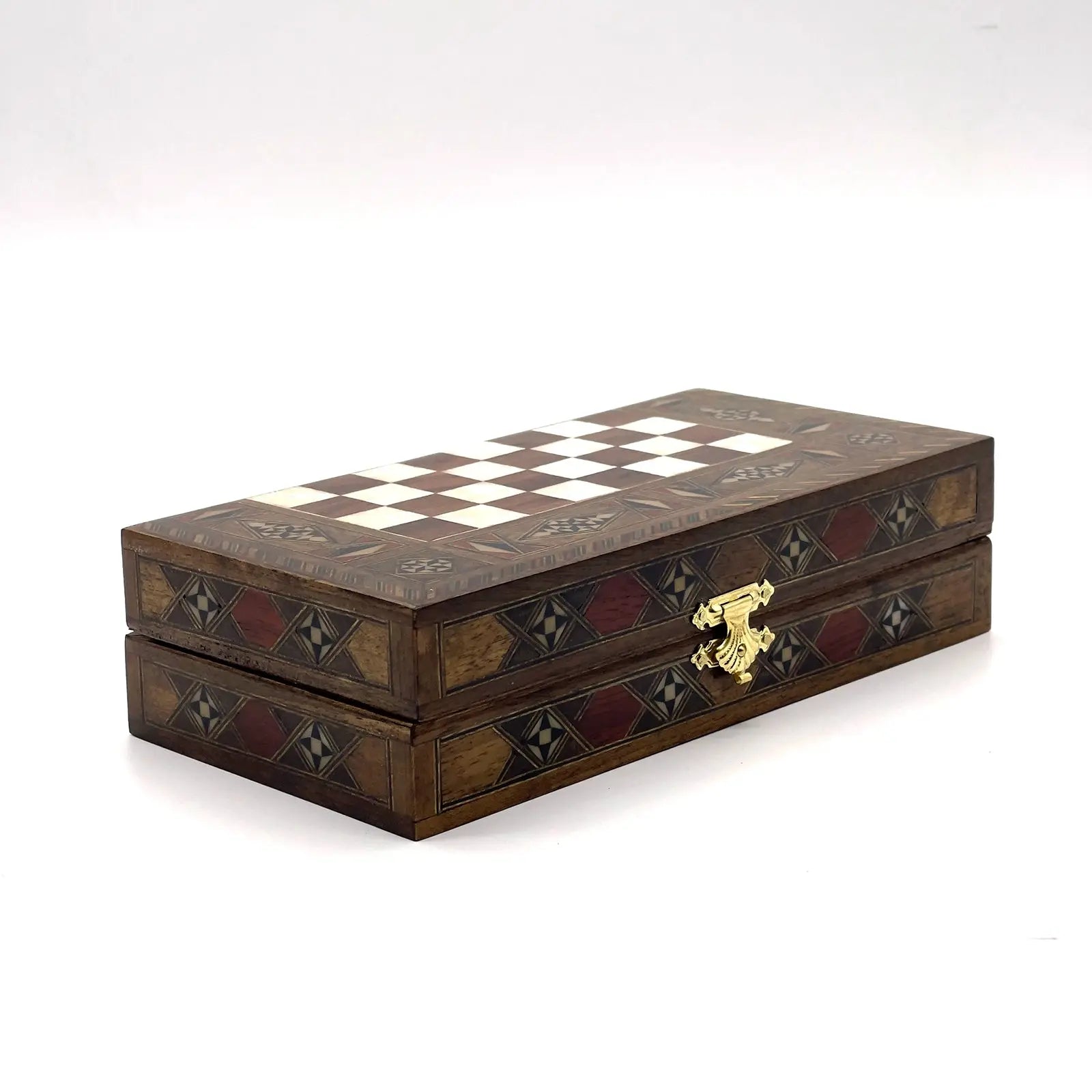 8.9" Walnut Small Folding Wooden Chess Set and Backgammon Set