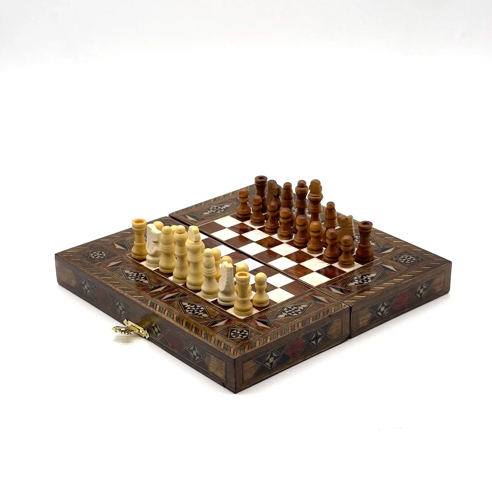 8.9" Walnut Small Folding Wooden Chess Set and Backgammon Set