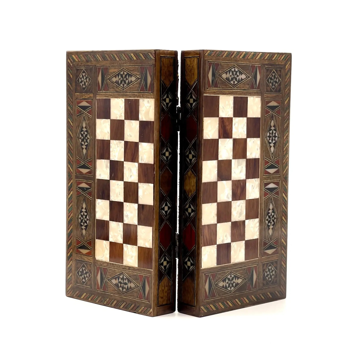 8.9" Walnut Small Folding Wooden Chess Set and Backgammon Set