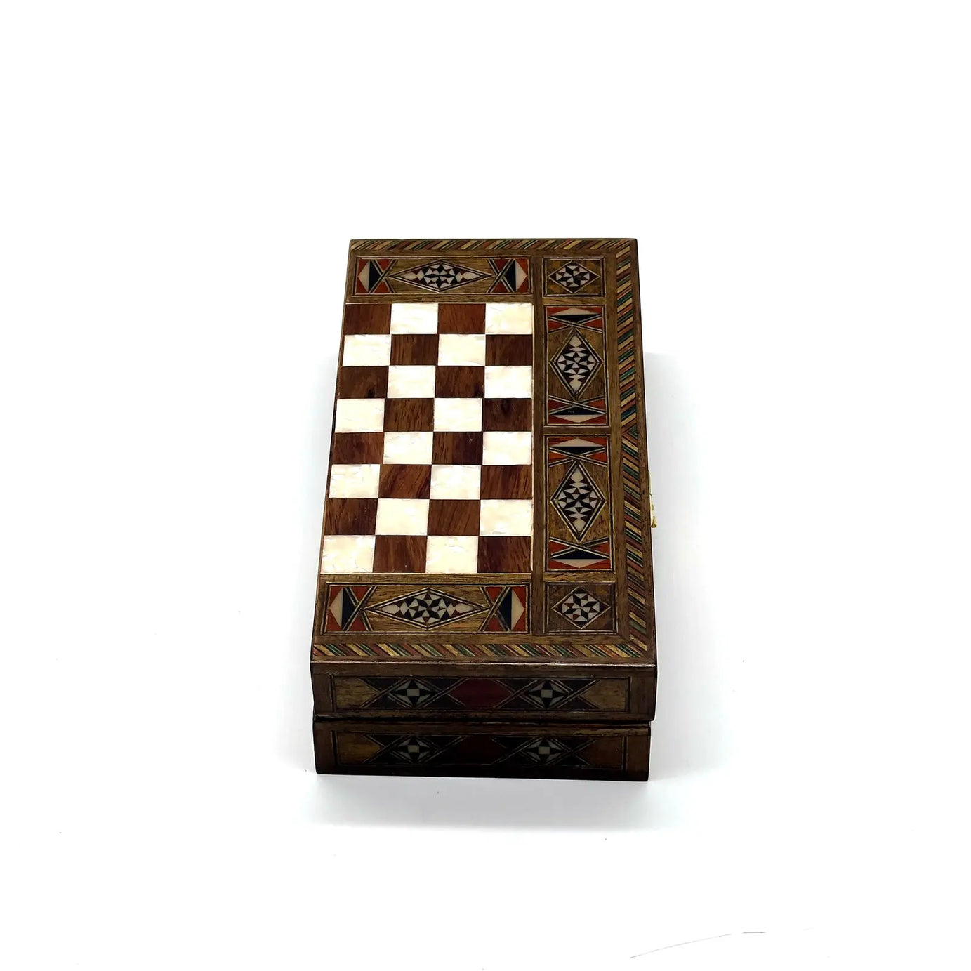8.9" Walnut Small Folding Wooden Chess Set and Backgammon Set