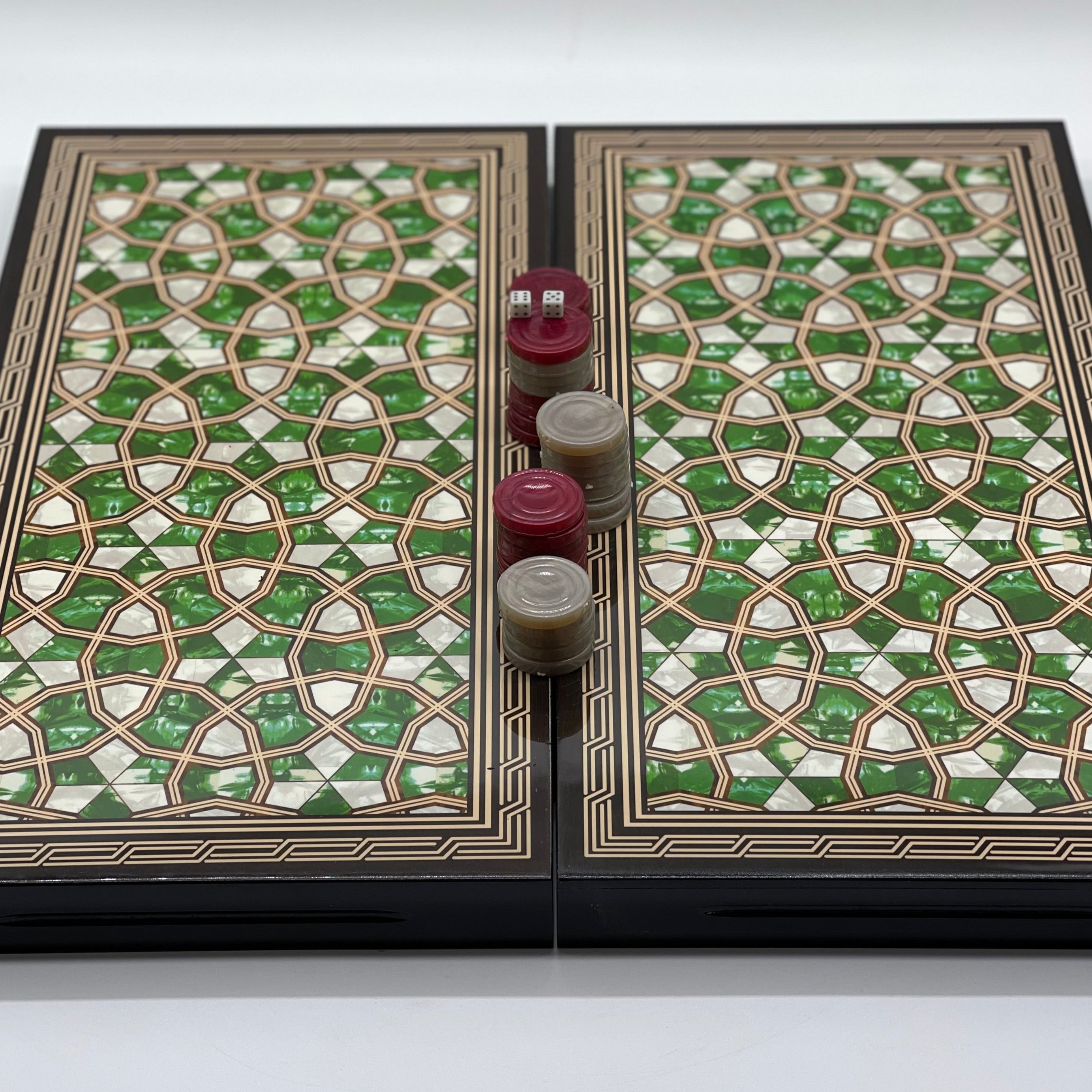 20.7" Green Luxury Wooden Antique Embroidered Mosaic Backgammon Set