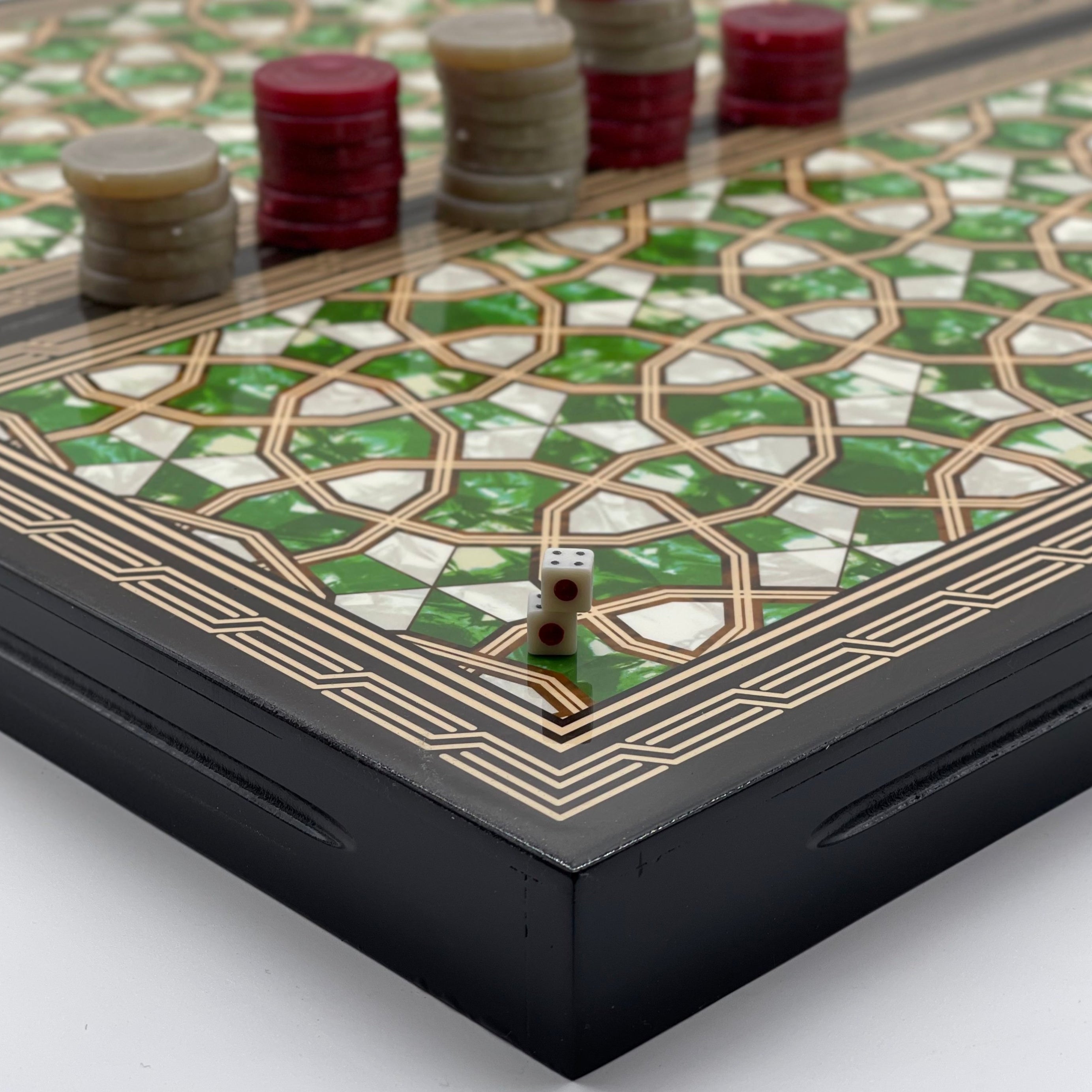20.7" Green Luxury Wooden Antique Embroidered Mosaic Backgammon Set