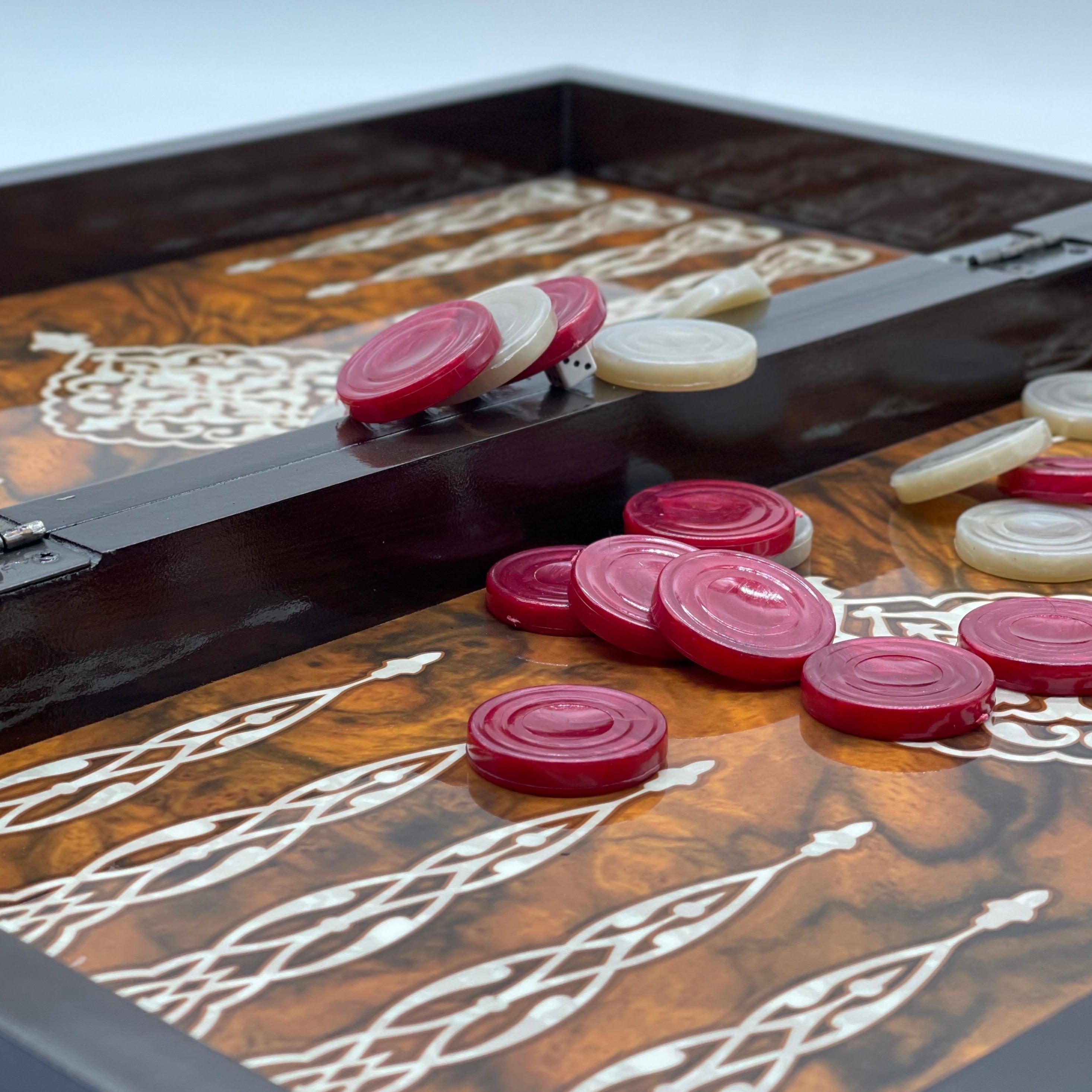 20.7" Brown Luxury Wooden Antique Embroidered Mosaic Backgammon Set