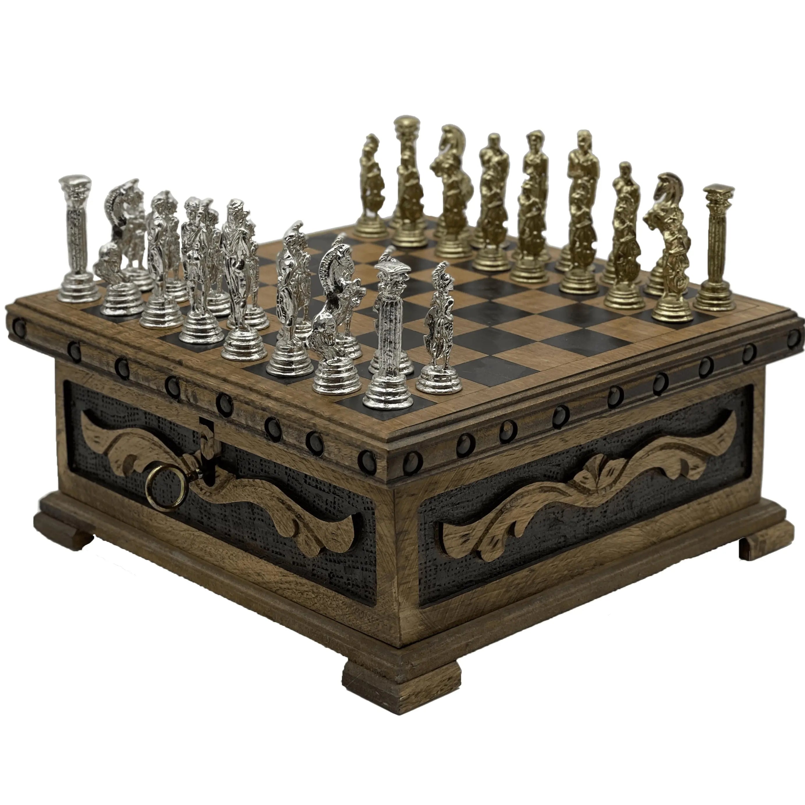 Personalized Wooden Chess Set Box with Hidden Compartment Metal Chess Pieces - AsyaWoodArt