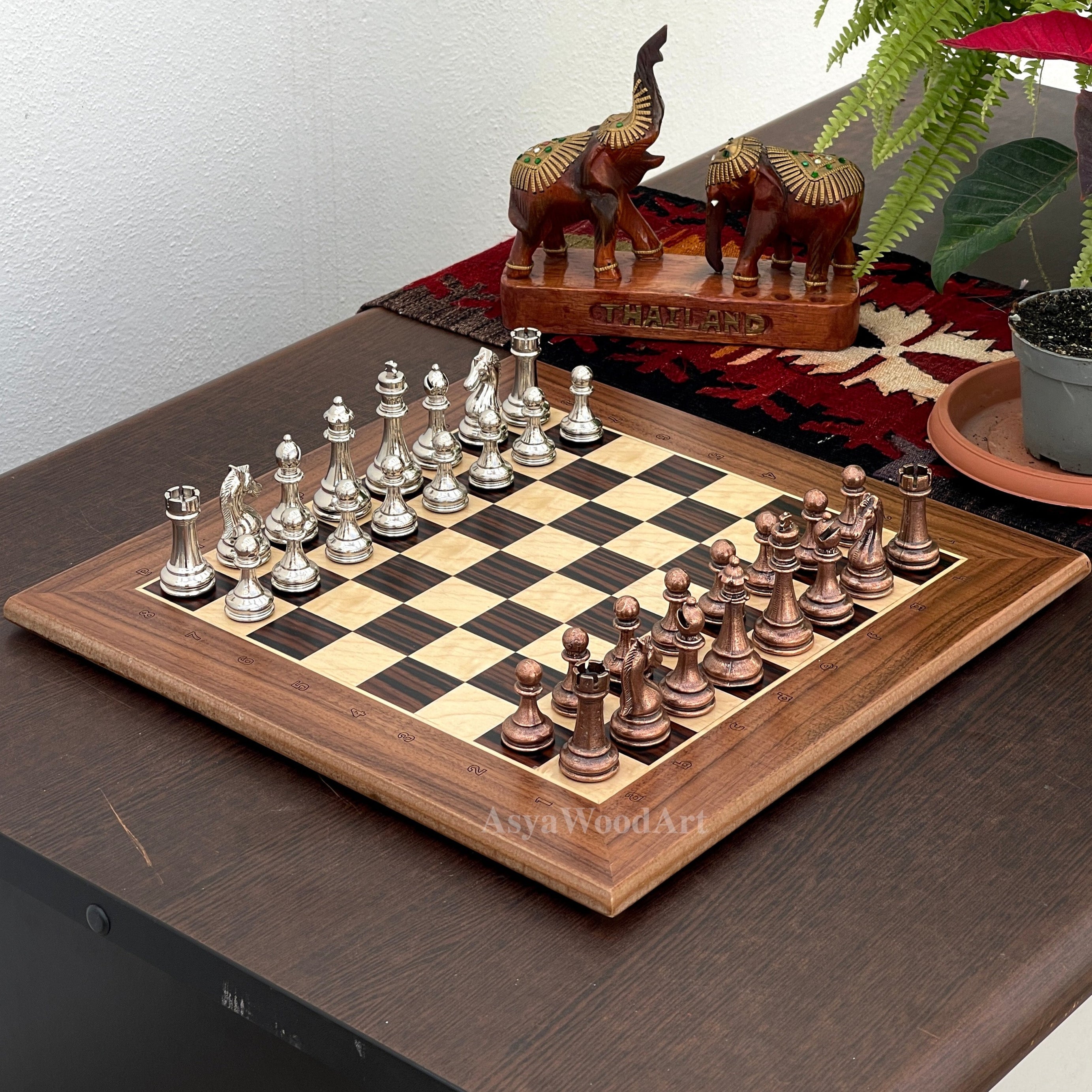 15.3" Massive Solid Wooden Chess Board with Classic Metal Chess Pieces