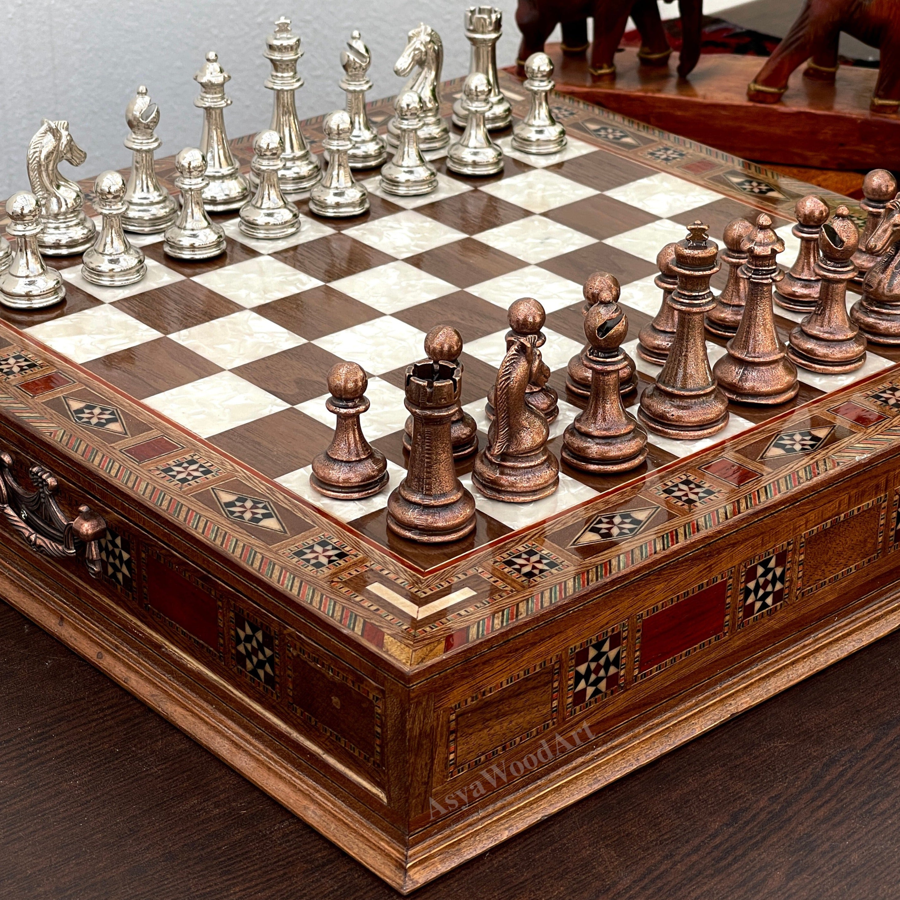 15.3" Luxury Wooden Storage Chess Board With Classic Metal Chess Pieces