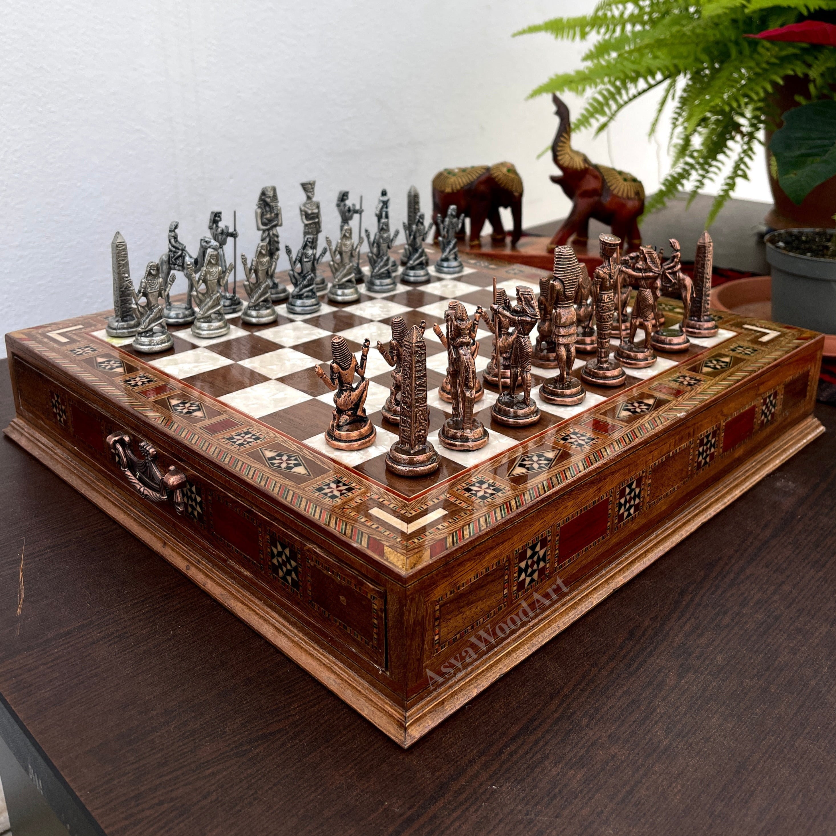 15.3" Luxury Wooden Storage Chess Board With Egyptian Metal Chess Pieces