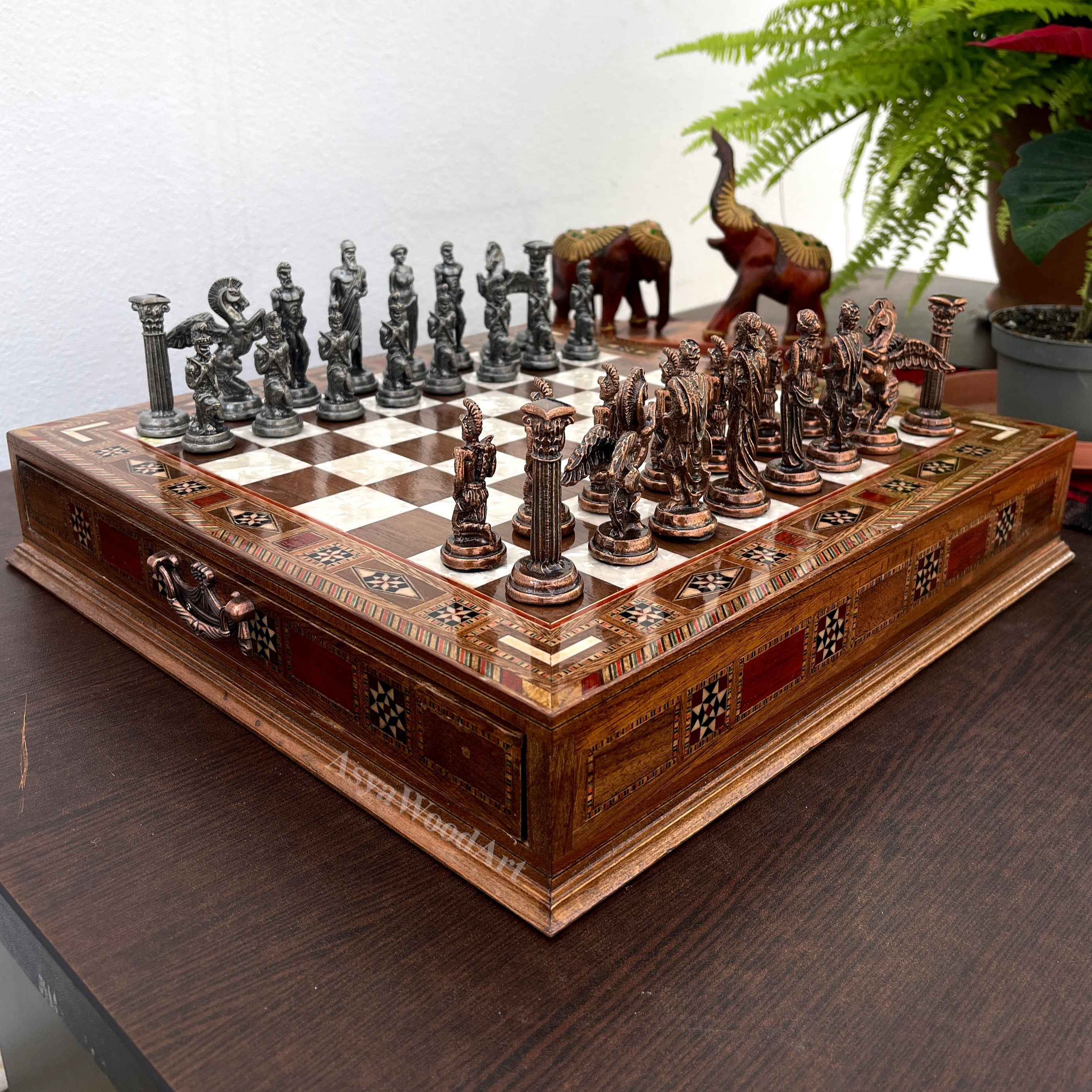 15.3" Luxury Wooden Storage Chess Board With Pegasus Metal Chess Pieces