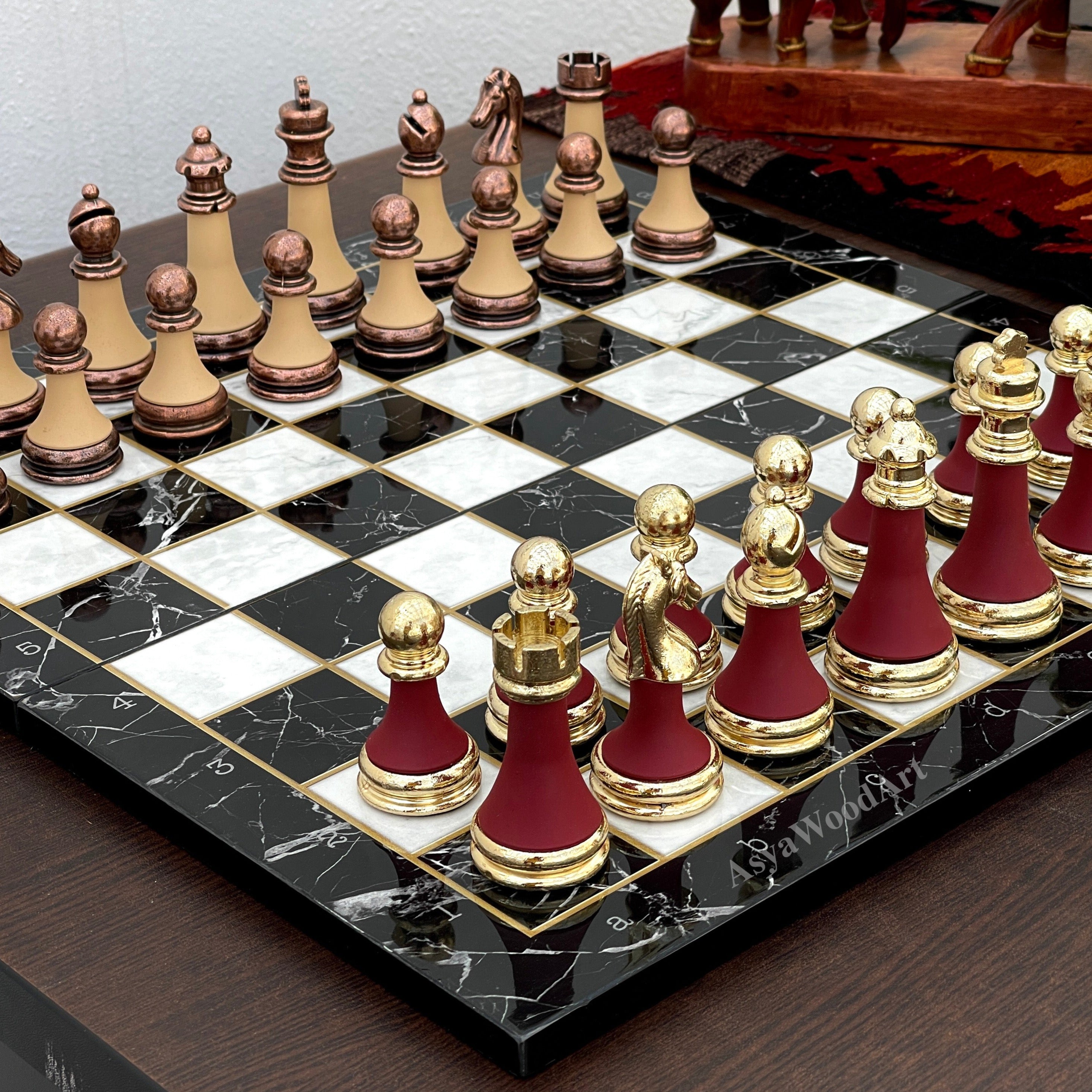 Large Marble Patterned Wooden Chess Set with Large Unique Chess Pieces