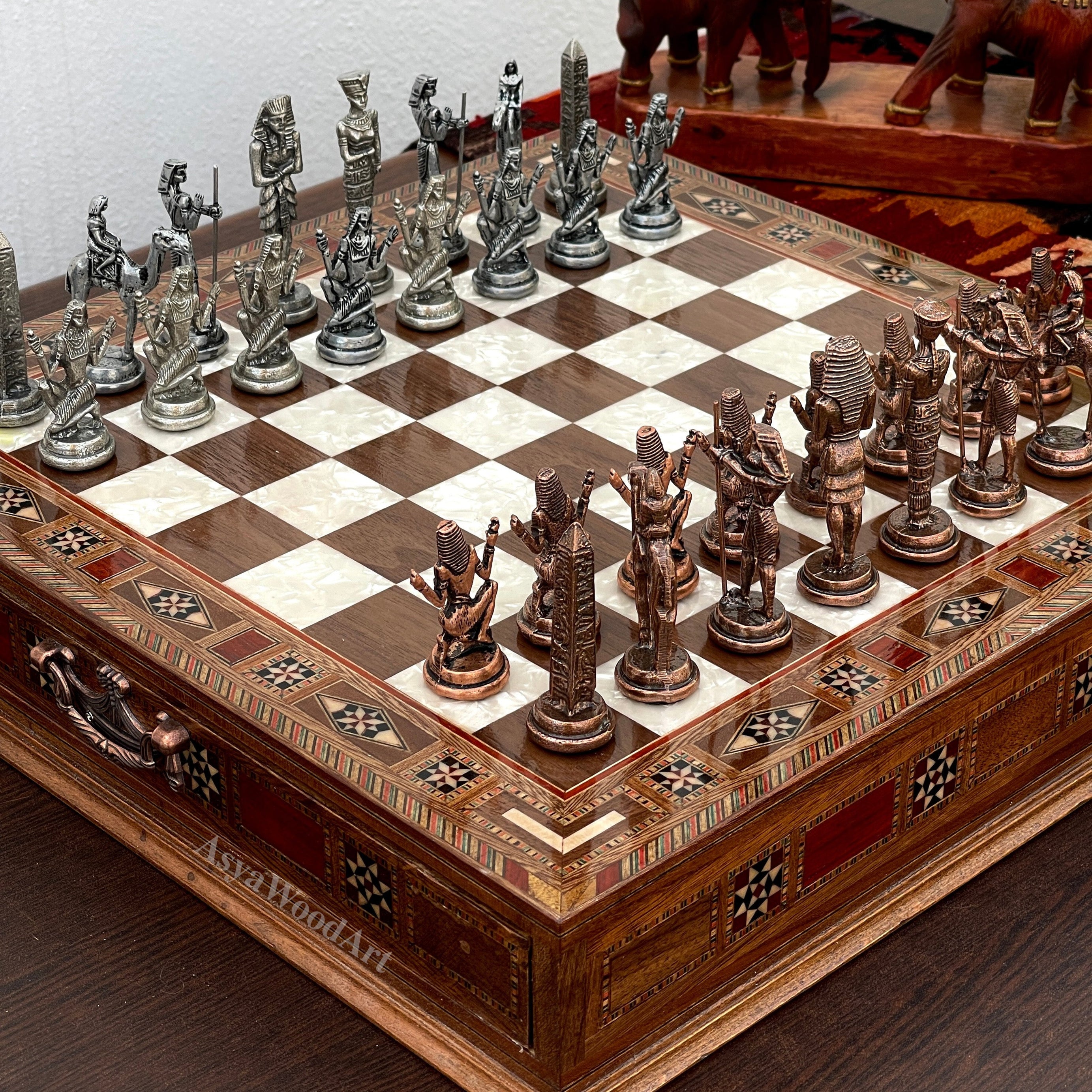 15.3" Luxury Wooden Storage Chess Board With Egyptian Metal Chess Pieces