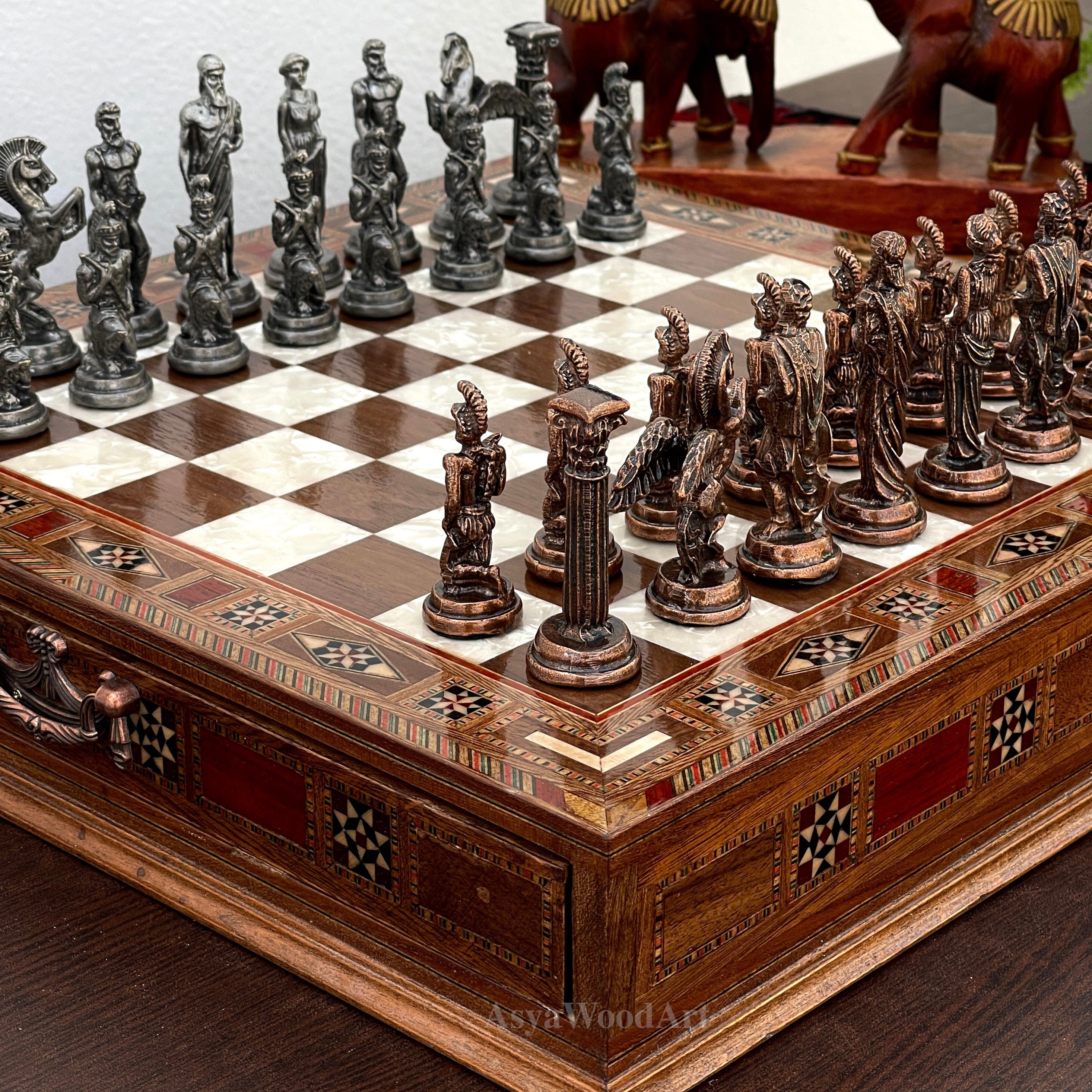 15.3" Luxury Wooden Storage Chess Board With Pegasus Metal Chess Pieces