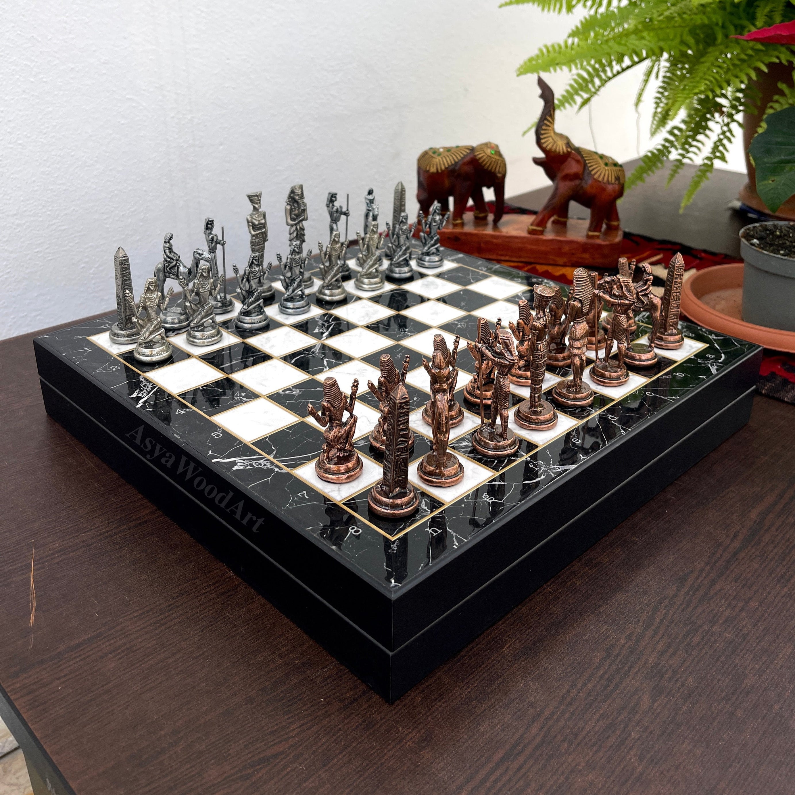 VIP Personalized Marble Patterned Chess Set With Egyptian Metal Chess Pieces