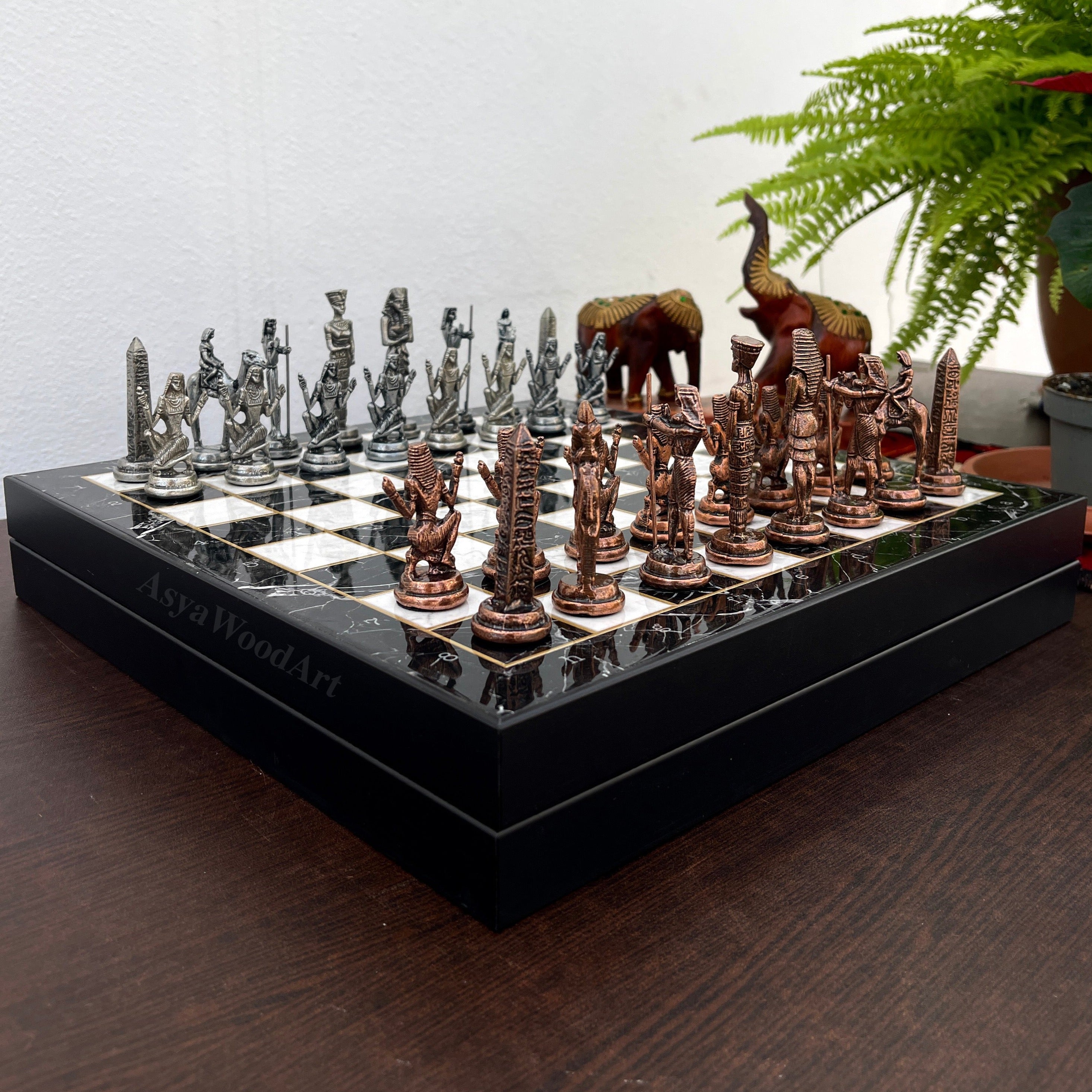 VIP Personalized Marble Patterned Chess Set With Egyptian Metal Chess Pieces
