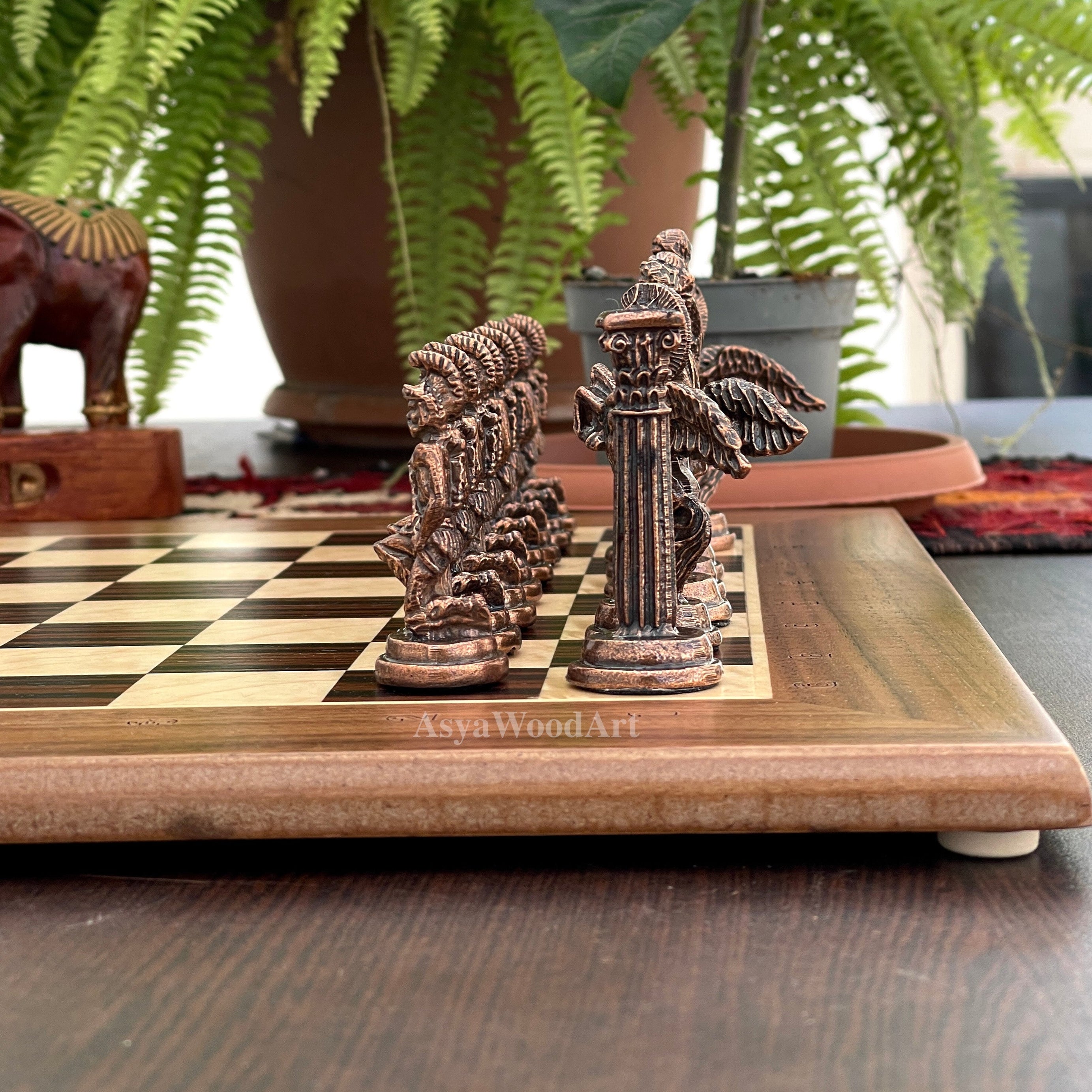 15.3" Massive Solid Wooden Chess Board With Pegasus Metal Chess Pieces