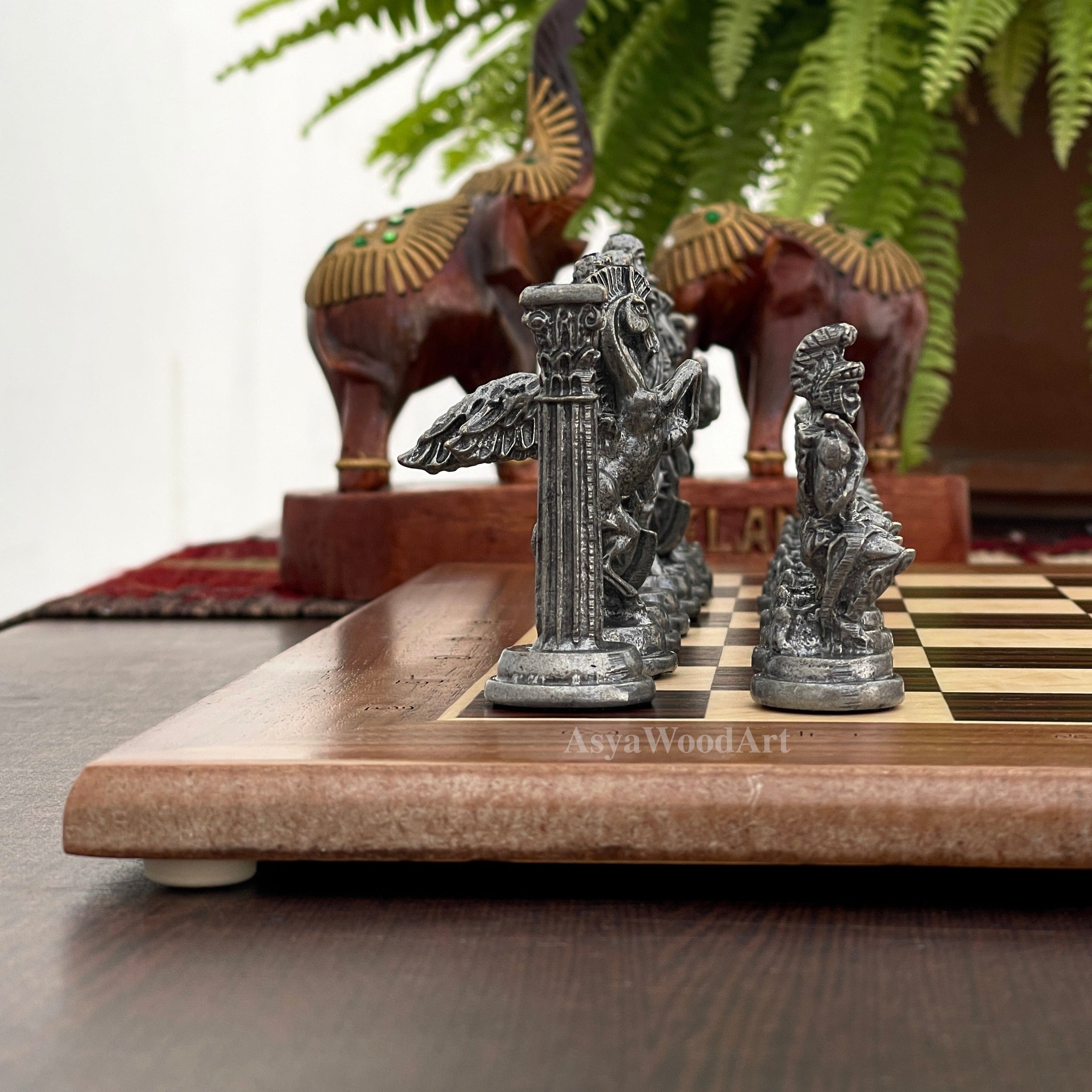15.3" Massive Solid Wooden Chess Board With Pegasus Metal Chess Pieces