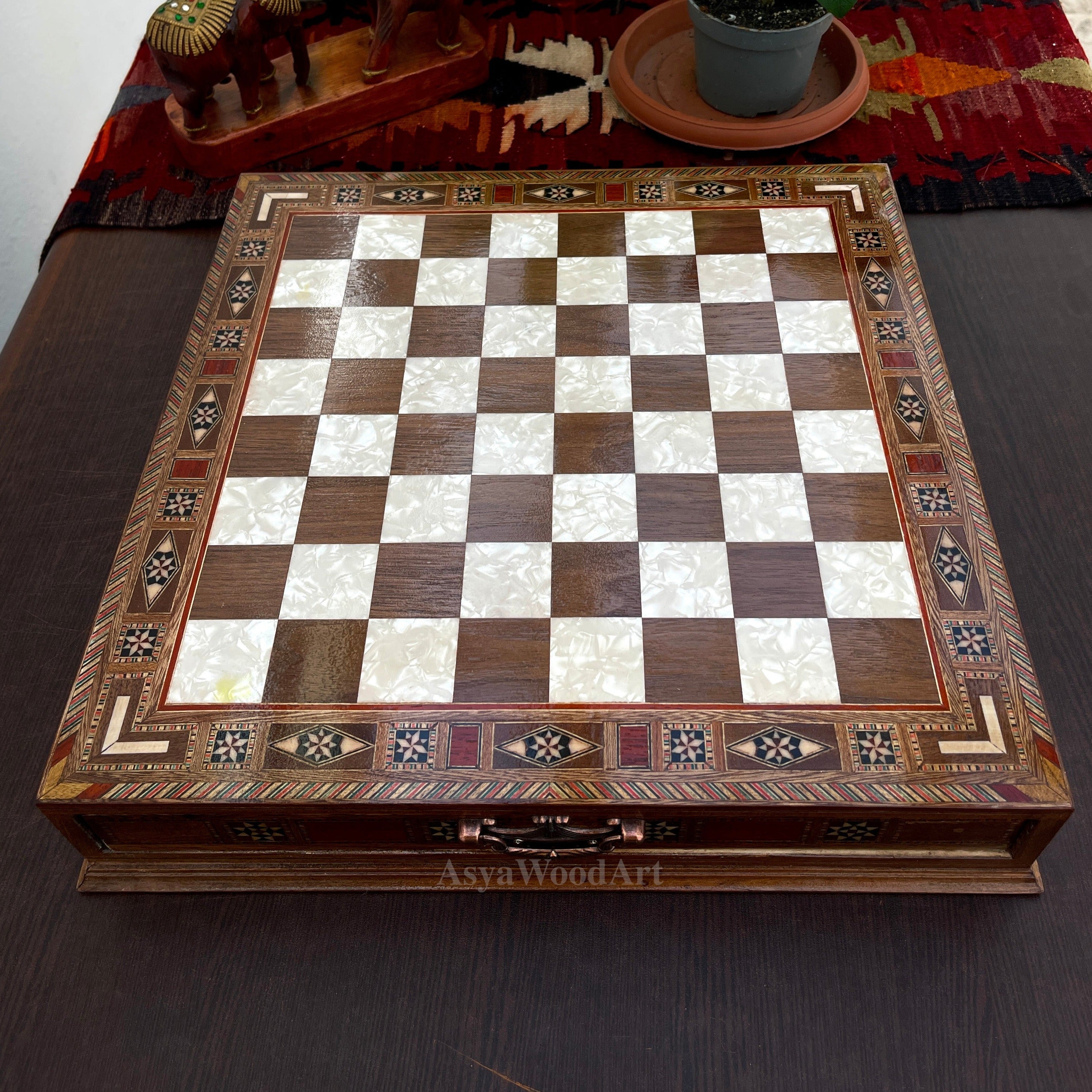 15.3" Luxury Wooden Storage Chess Board With Pegasus Metal Chess Pieces