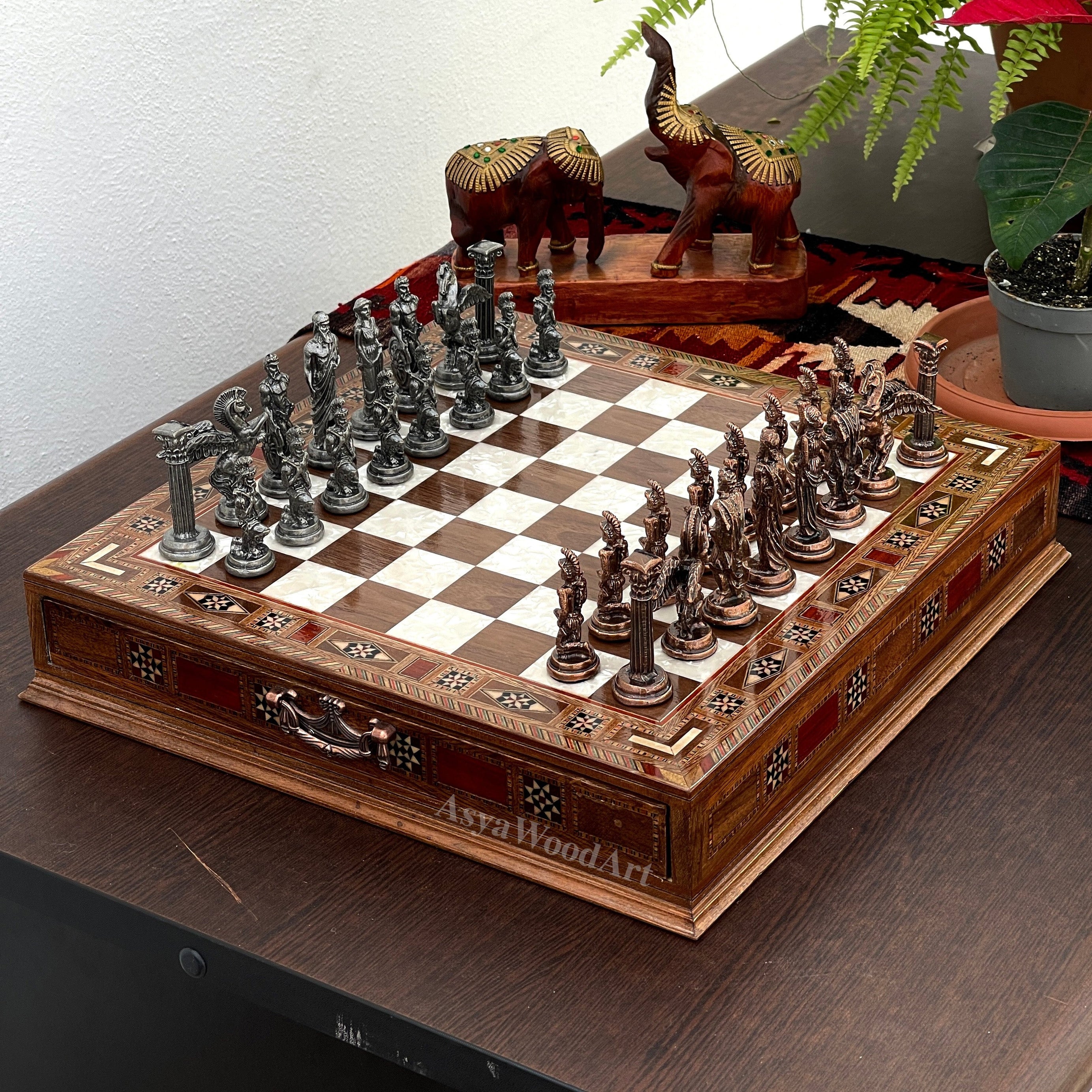 15.3" Luxury Wooden Storage Chess Board With Pegasus Metal Chess Pieces