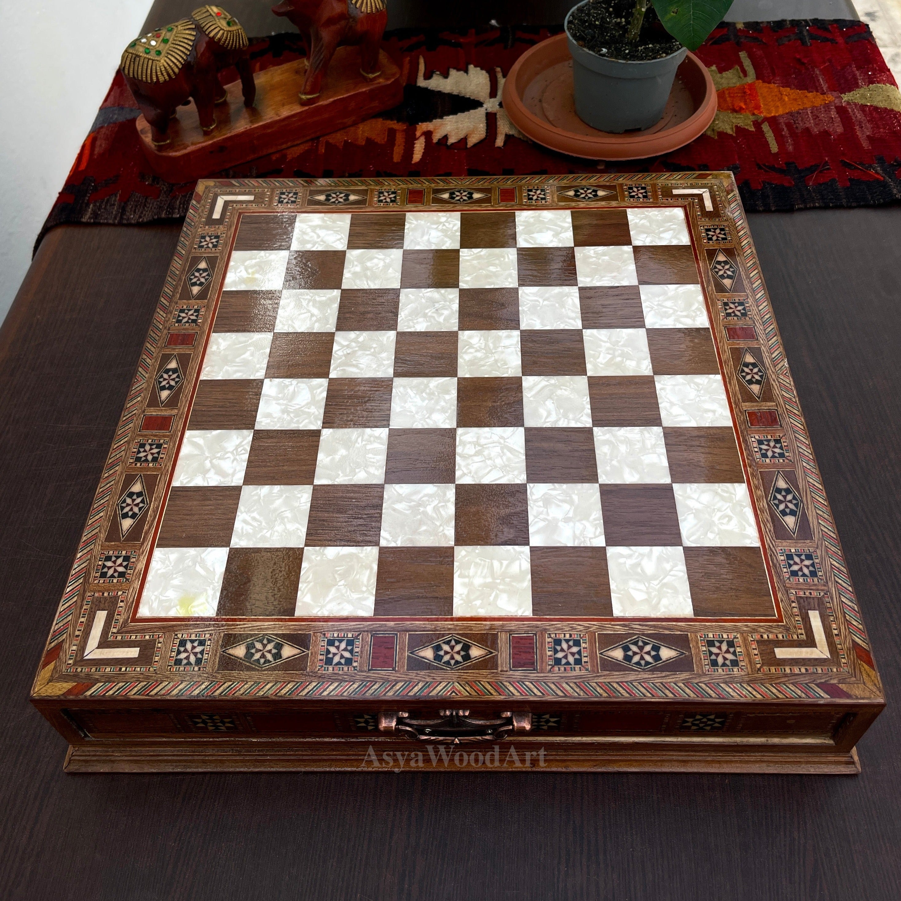 15.3" Luxury Wooden Storage Chess Board with Classic Metal Chess Pieces