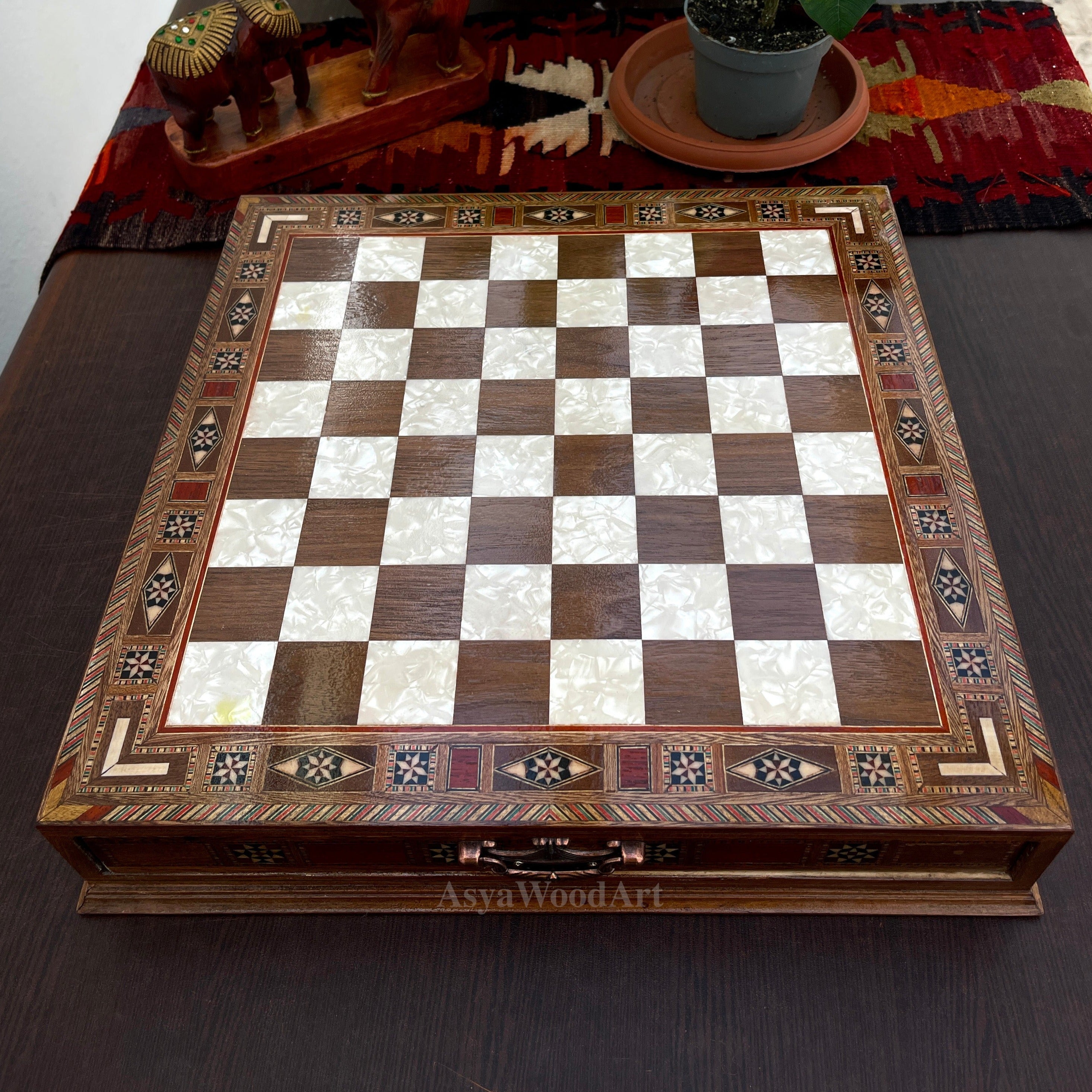 15.3" Luxury Wooden Storage Chess Board With Pegasus Metal Chess Pieces