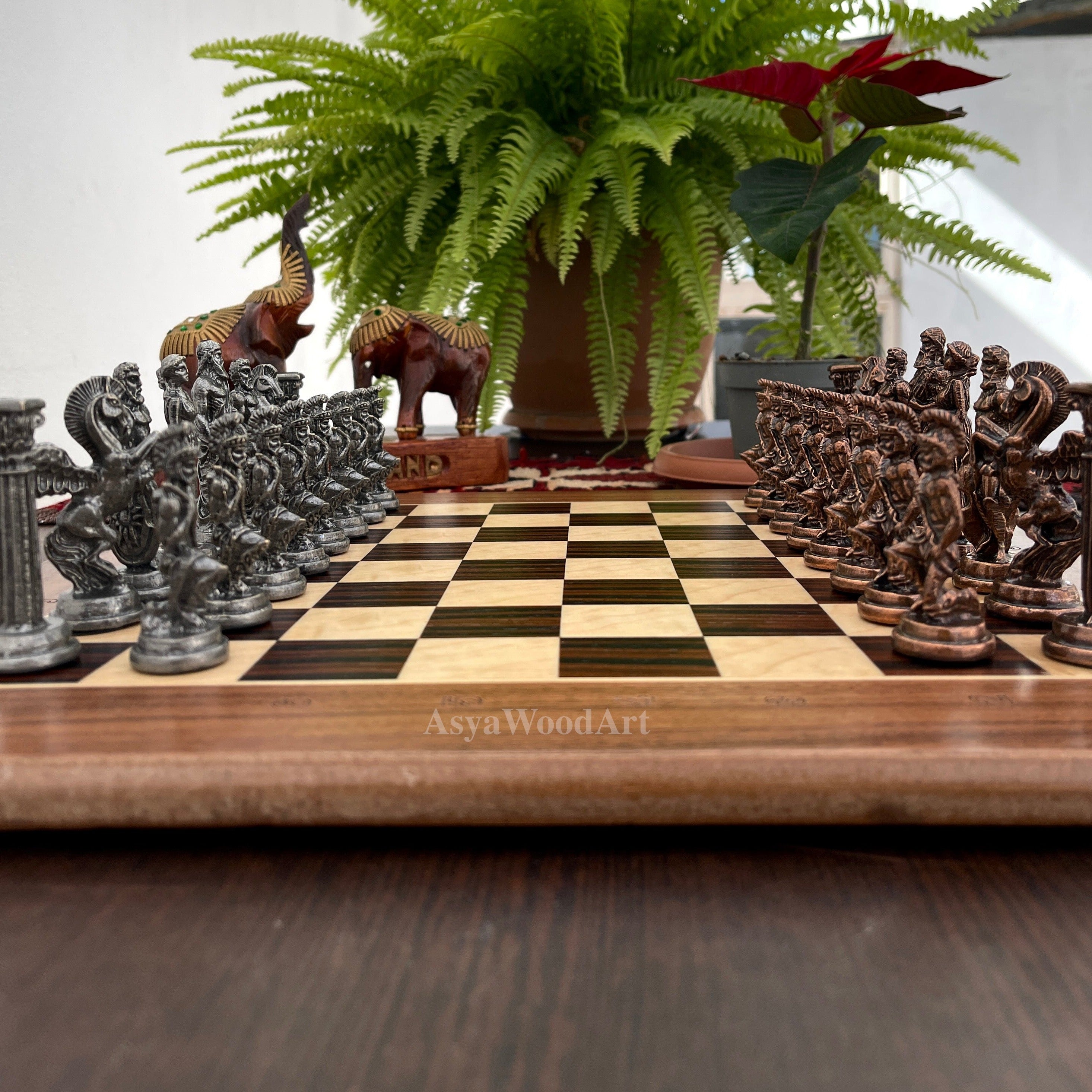 15.3" Massive Solid Wooden Chess Board With Pegasus Metal Chess Pieces