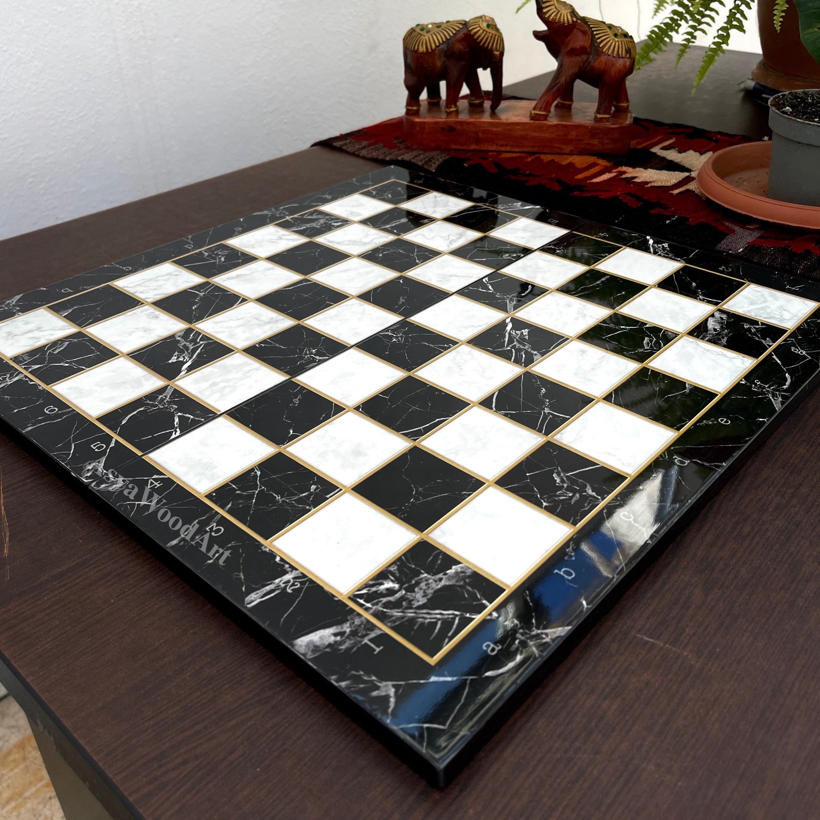 Large Marble Patterned Wooden Chess Set with Large Unique Chess Pieces