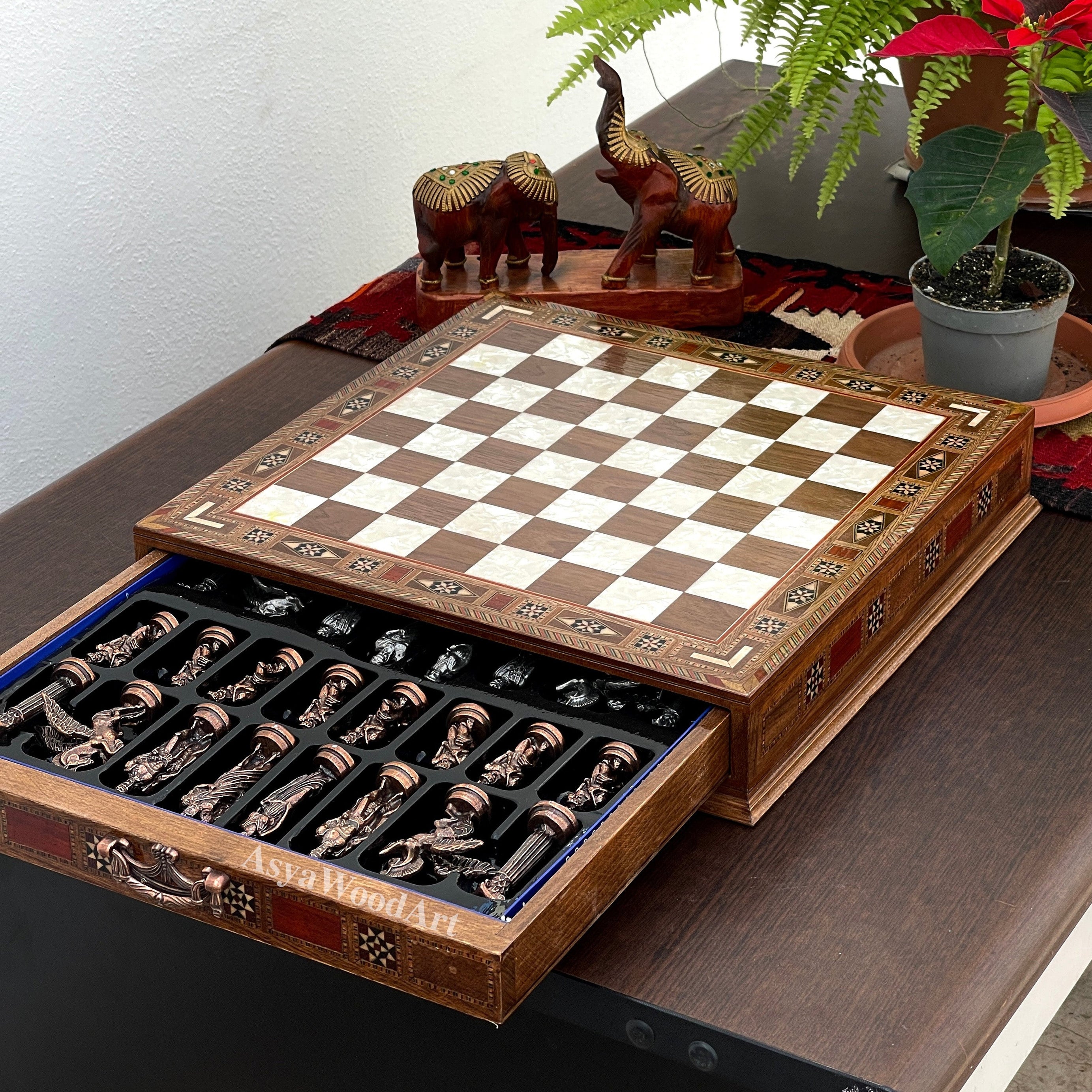 15.3" Luxury Wooden Storage Chess Board With Pegasus Metal Chess Pieces