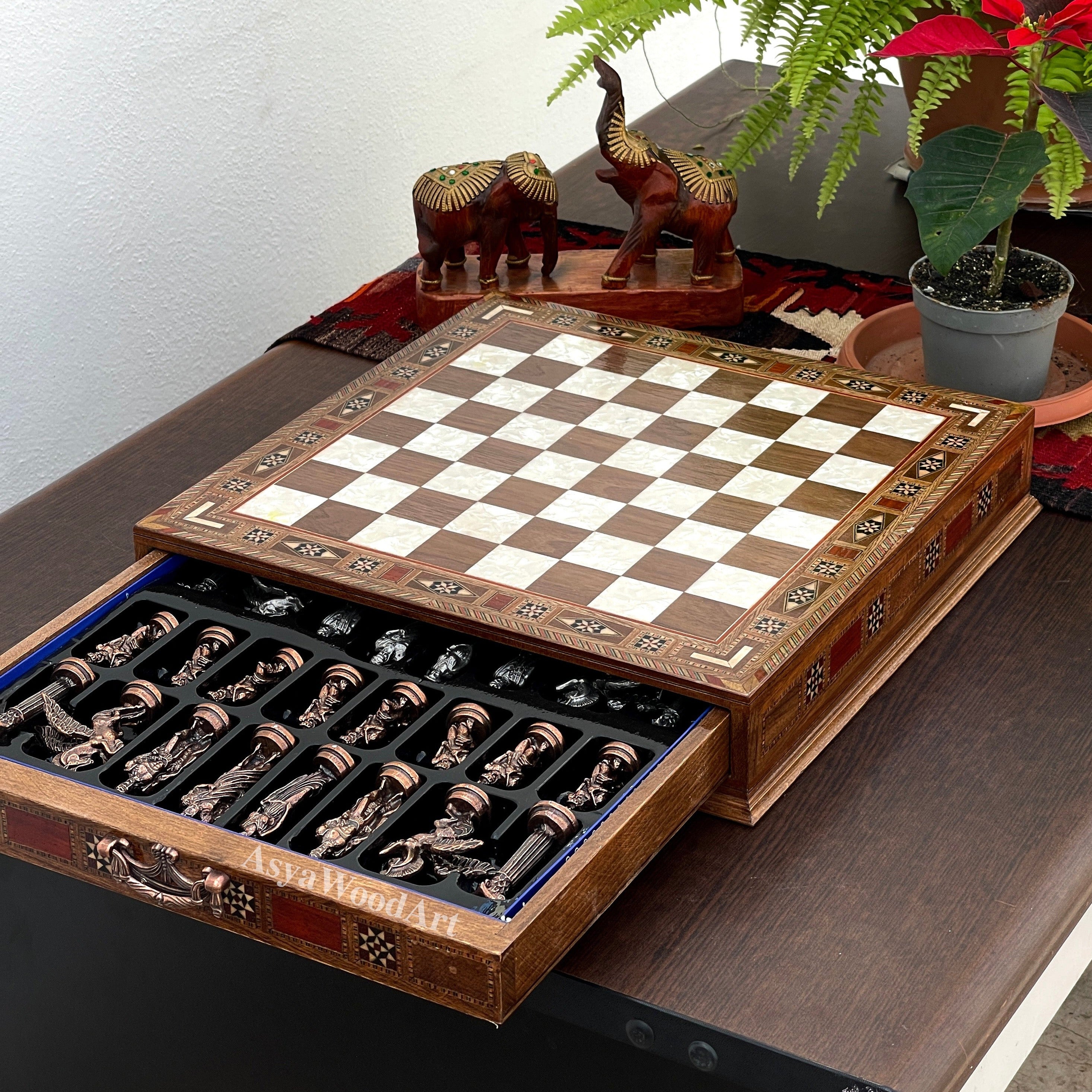 15.3" Luxury Wooden Storage Chess Board With Pegasus Metal Chess Pieces