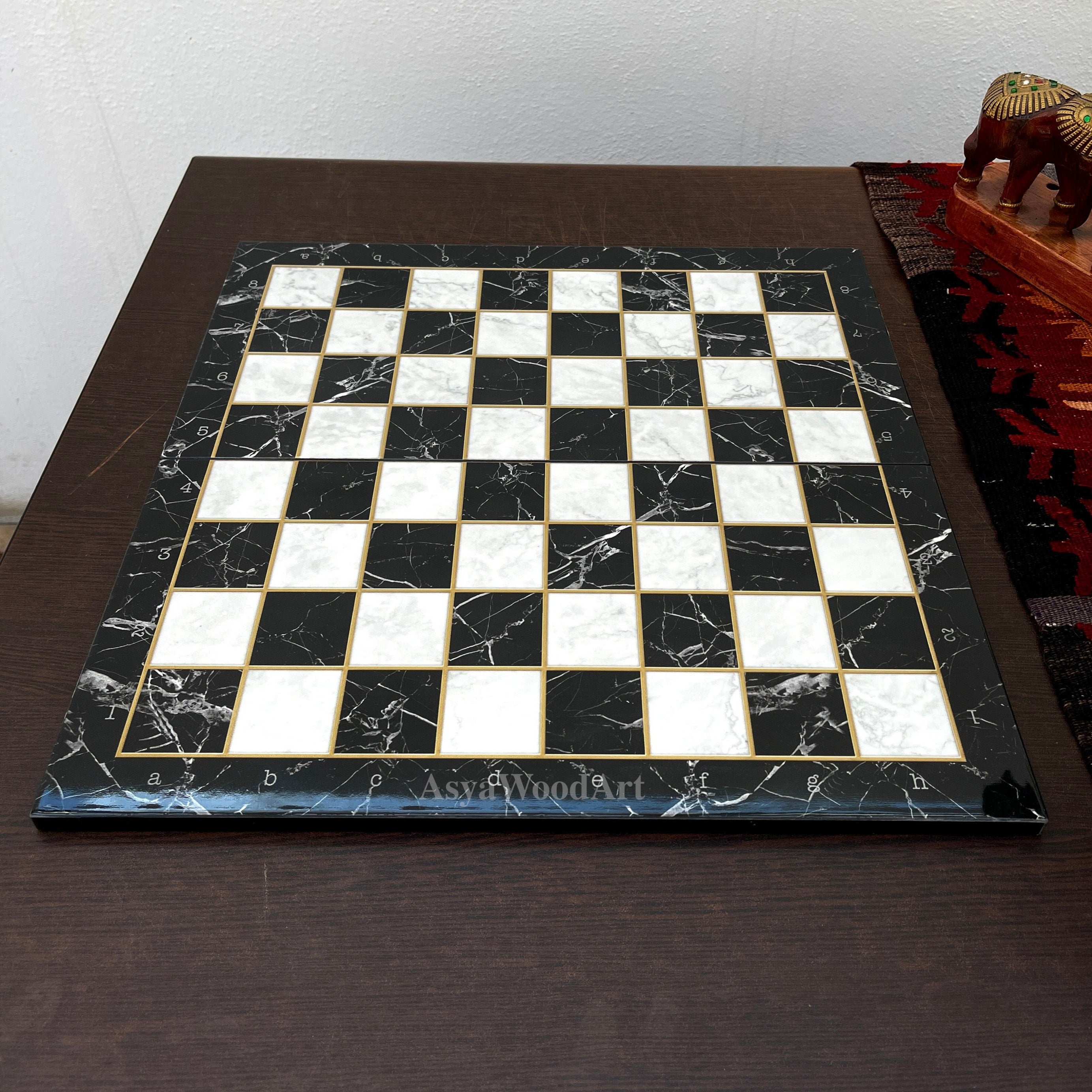 Large Marble Patterned Wooden Chess Set with Large Unique Chess Pieces