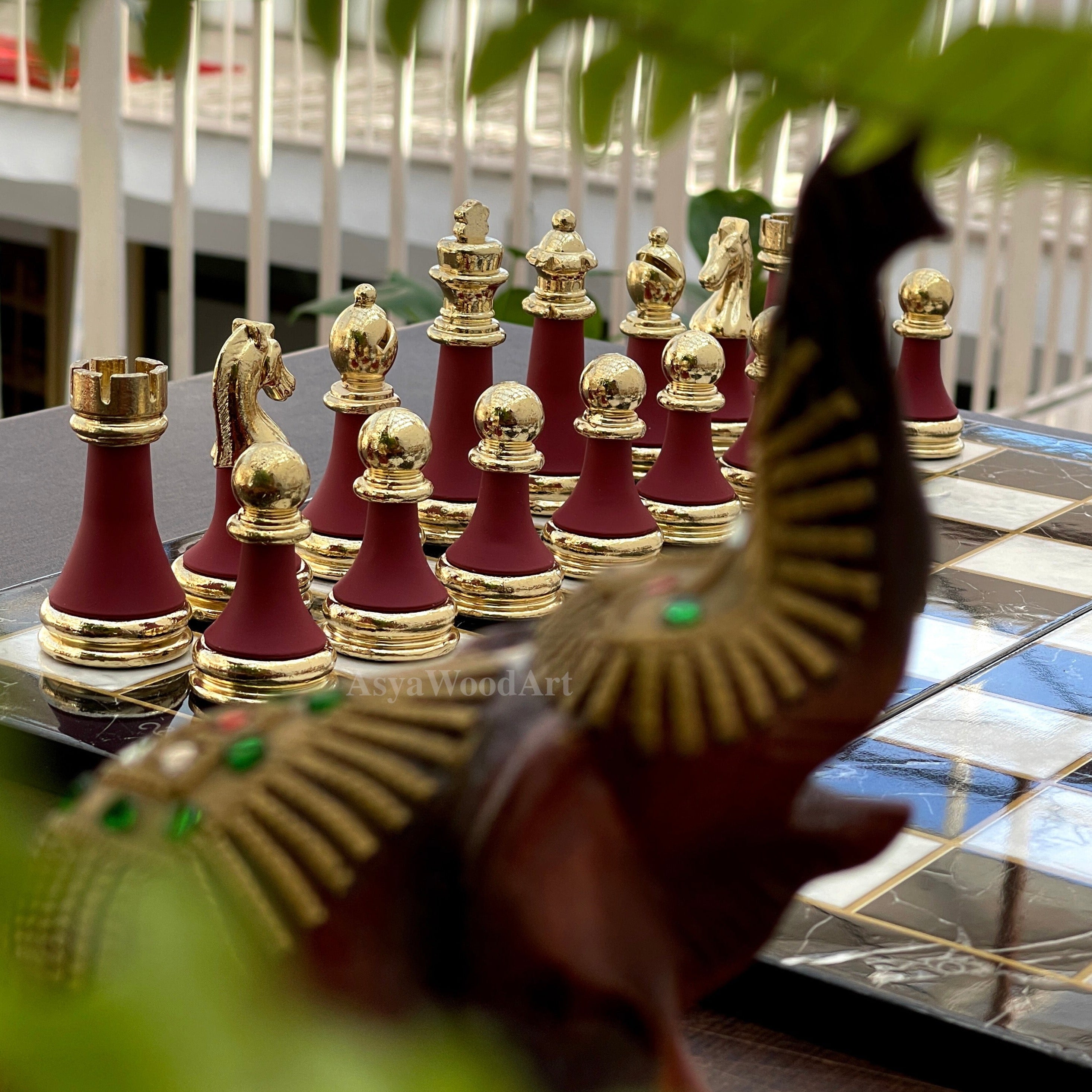 Large Marble Patterned Wooden Chess Set with Large Unique Chess Pieces