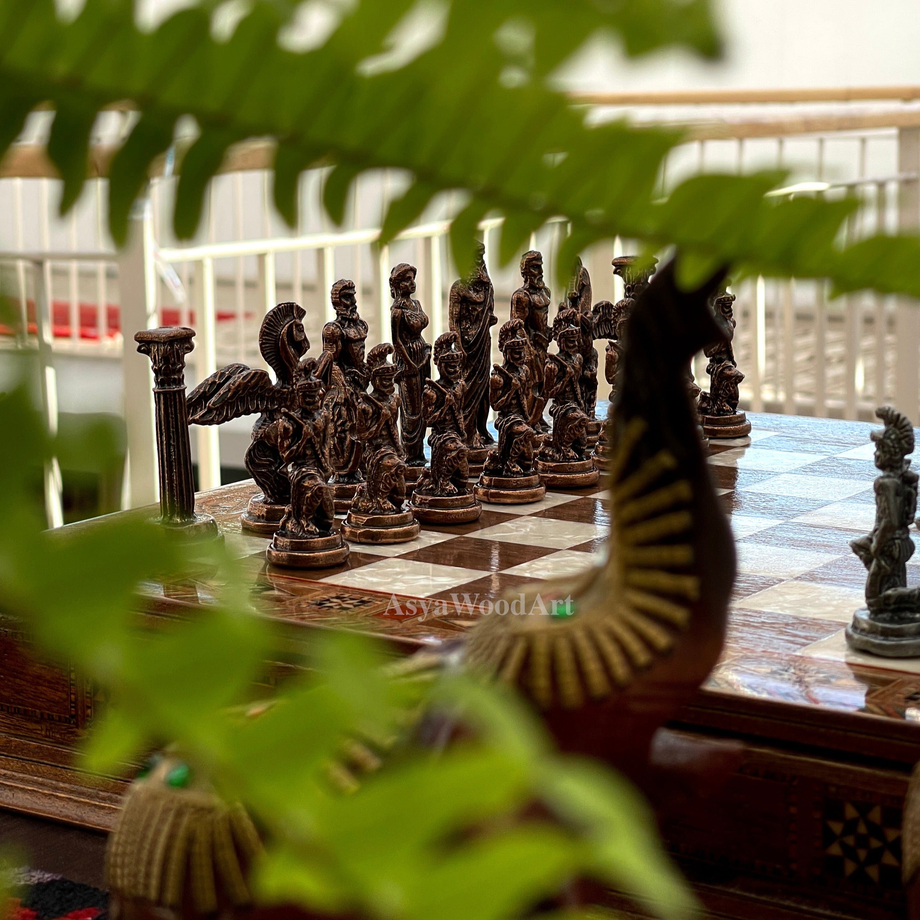 15.3" Luxury Wooden Storage Chess Board With Pegasus Metal Chess Pieces