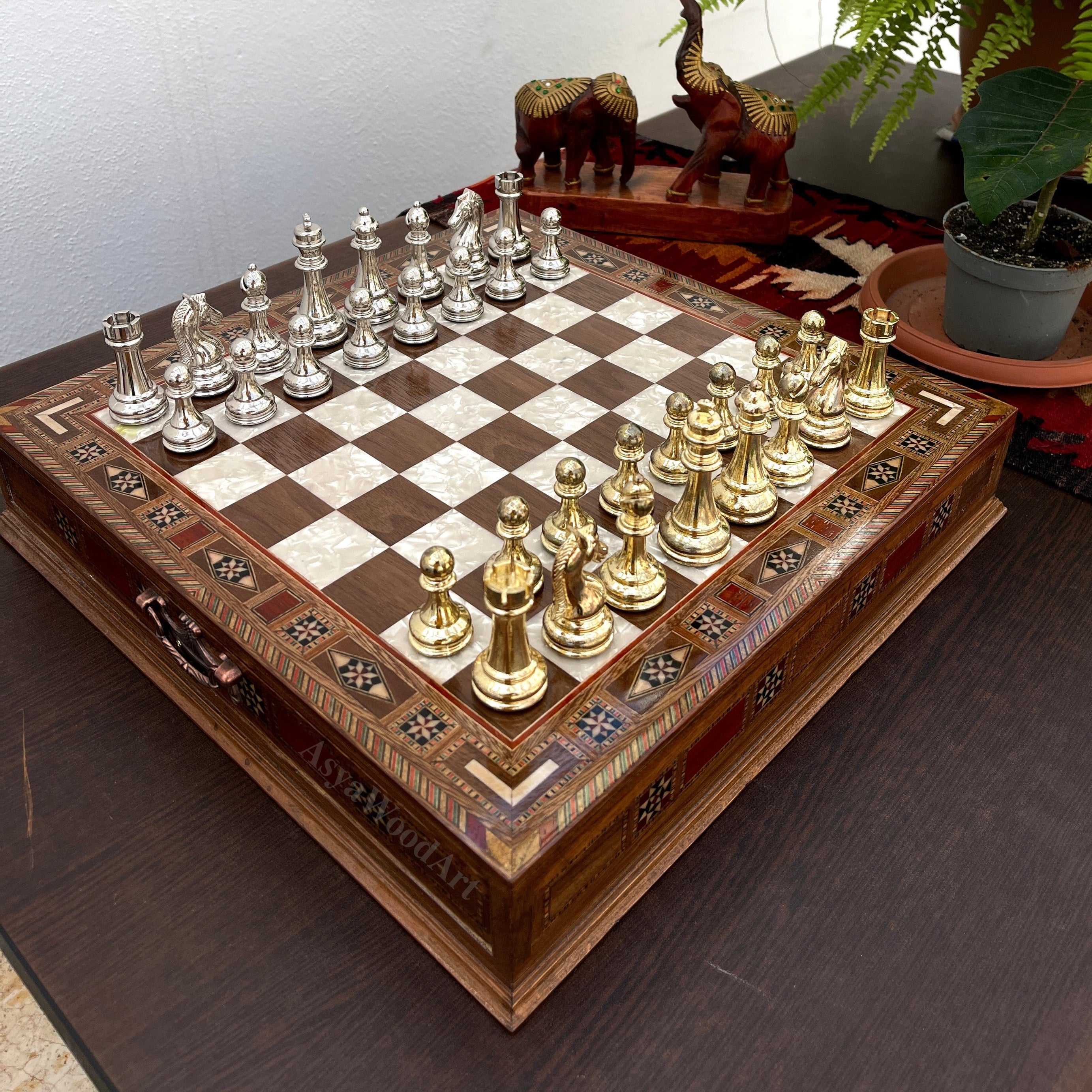 15.3" Luxury Wooden Storage Chess Board with Classic Metal Chess Pieces