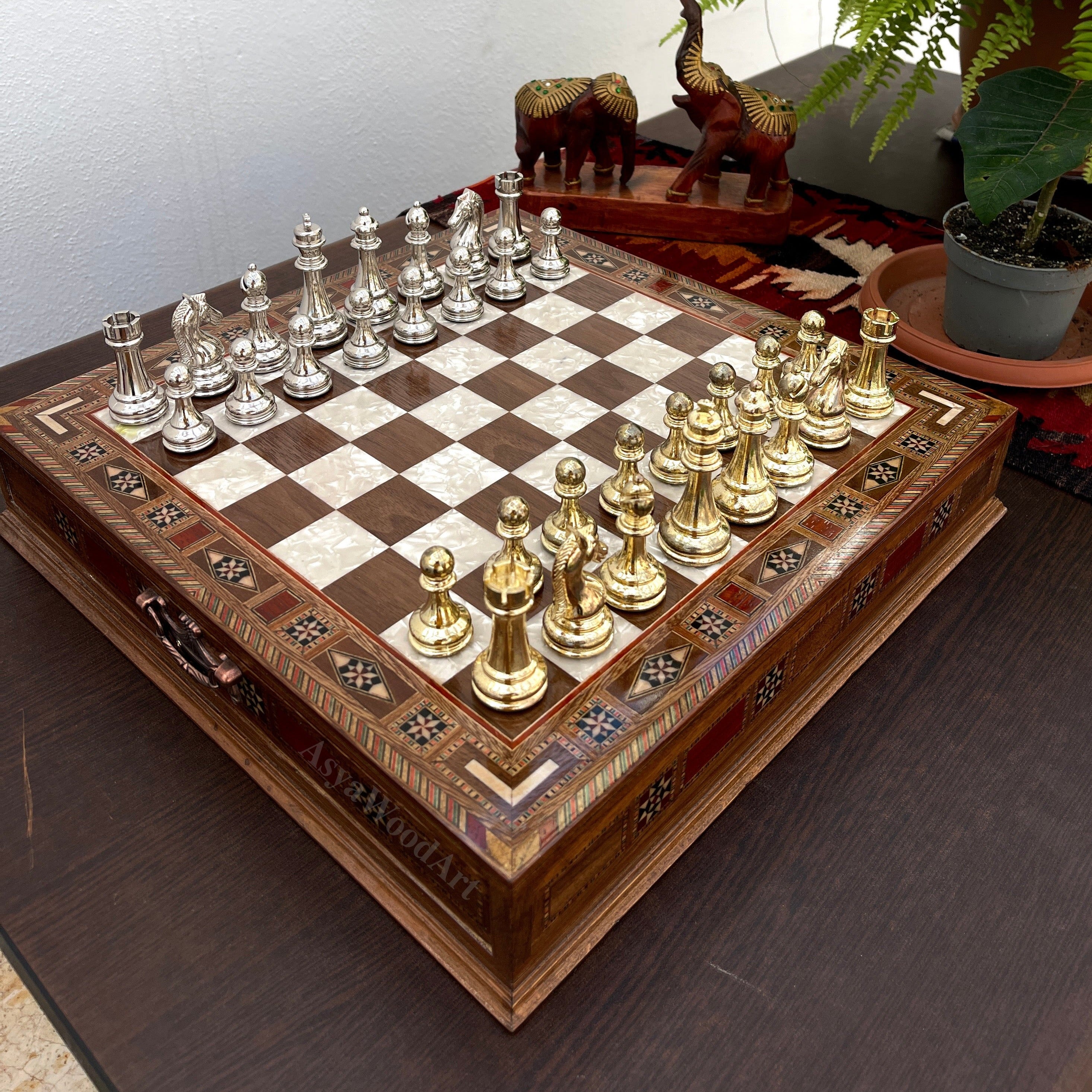 15.3" Luxury Wooden Storage Chess Board with Classic Metal Chess Pieces