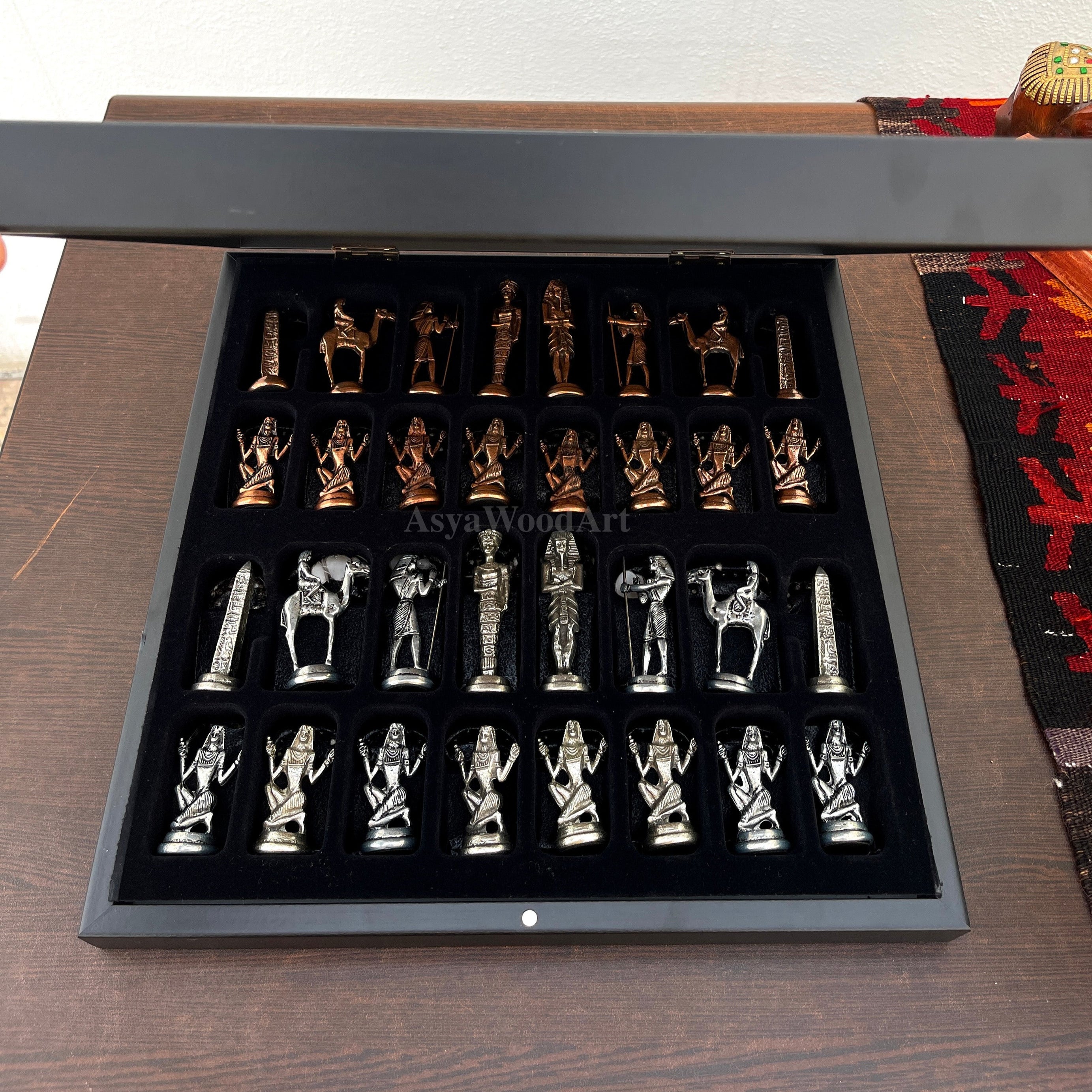 VIP Personalized Marble Patterned Chess Set With Egyptian Metal Chess Pieces