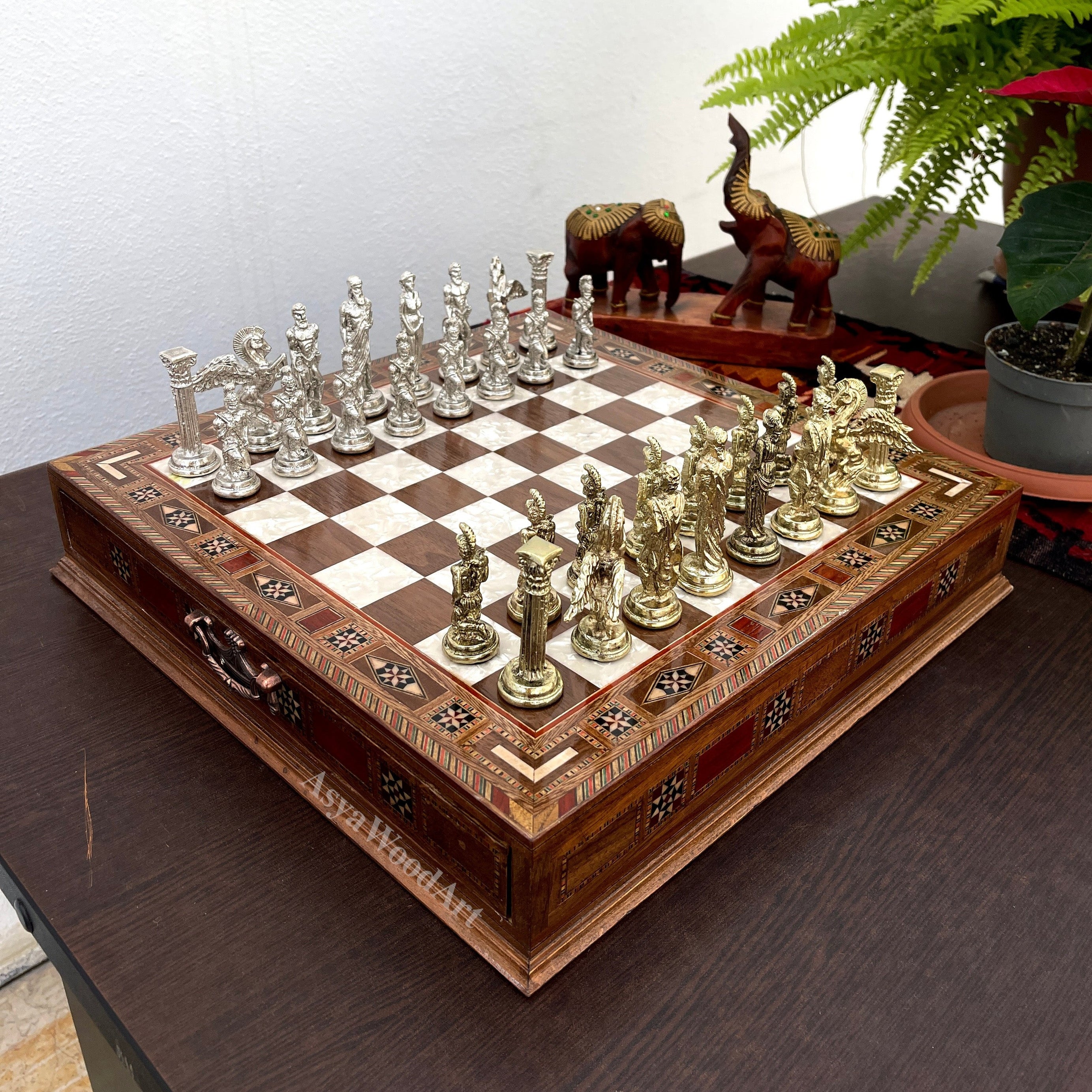 15.3" Luxury Wooden Storage Chess Board With Pegasus Metal Chess Pieces