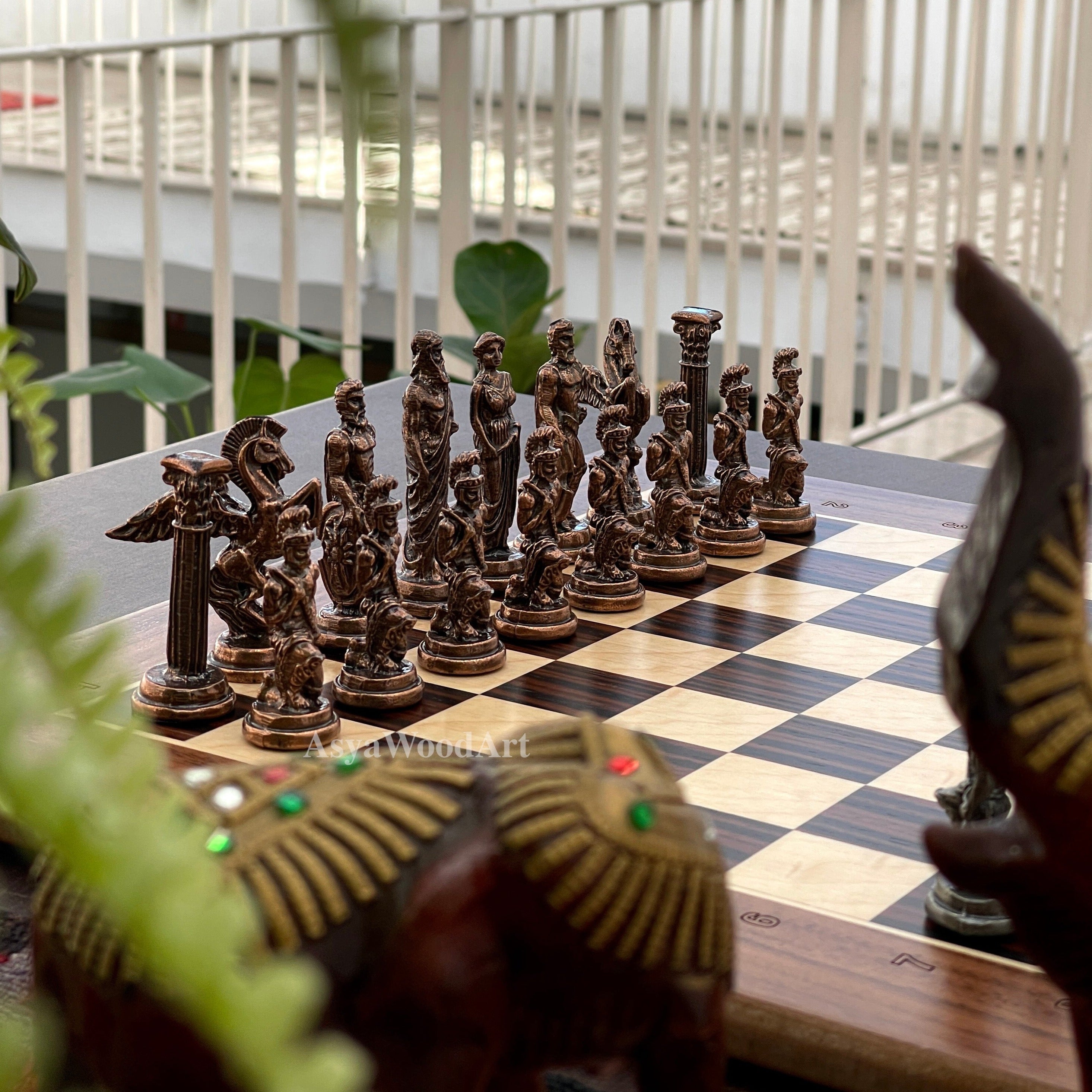 15.3" Massive Solid Wooden Chess Board With Pegasus Metal Chess Pieces